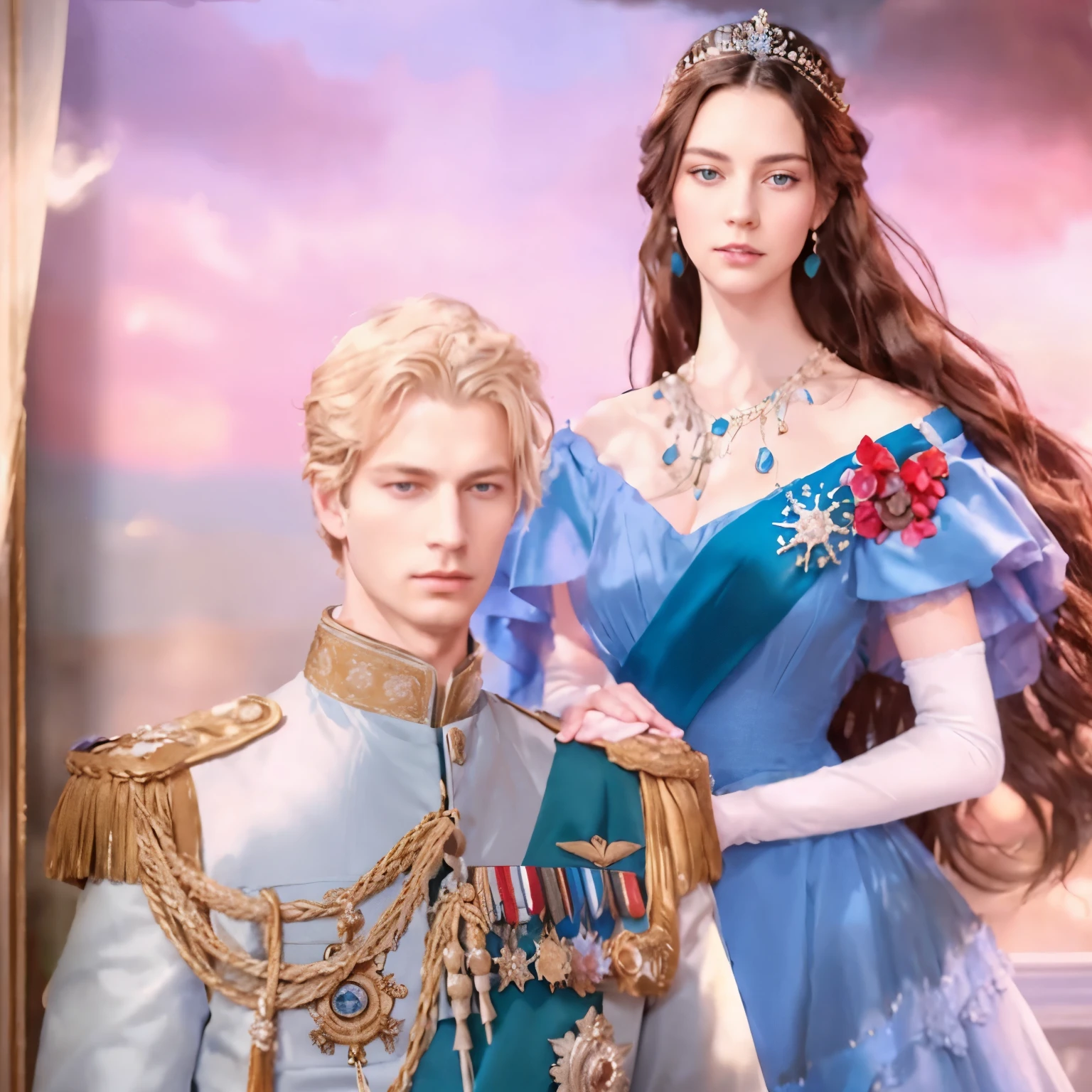 a close up of a person in a dress and a man in a uniform. a princess with long wavy black hair, bluish green eyes, wearing a blue dress, and she and her husband who is a navy admiral with blue eyes, and short blonde hair. they are in their early 20s. imperial royal elegant clothing, royal elegant pose, royal portrait, delicate androgynous prince, beautiful androgynous prince, royal style, imperial portrait, royal portrait painting, queen and ruler of the universe, royal emperor, royality, royalty kingdom, aristocratic appearance, a beautiful fantasy empress