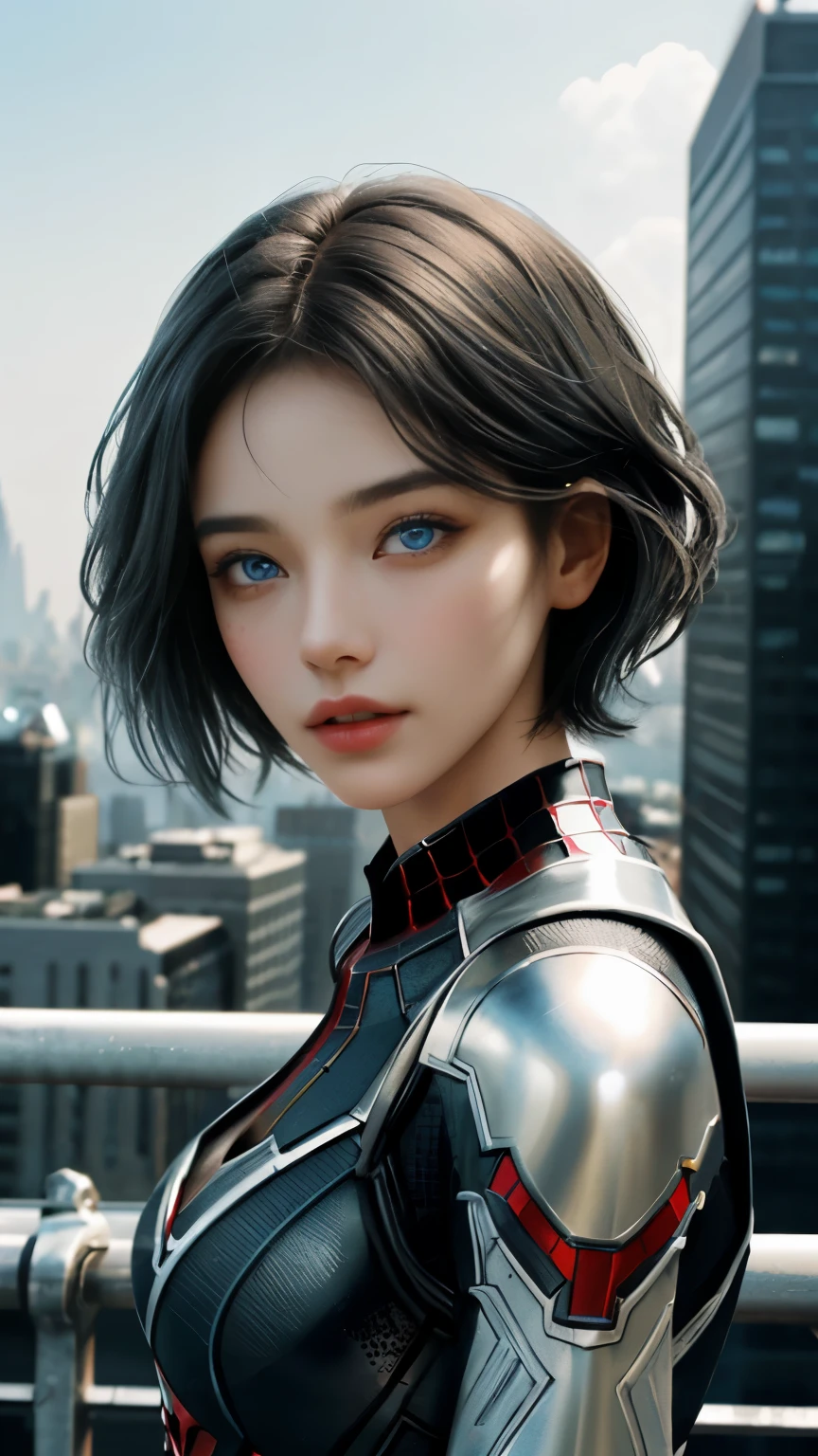 25 years old woman,(1girl:1.3), Solo, (((Very detailed face)))), ((Very detailed eyes and face)))), Beautiful detail eyes, Body parts__, Official art, Unified 8k wallpaper, Super detailed, beautiful and beautiful, beautiful, masterpiece, best quality, original, masterpiece, super fine photo, best quality, super high resolution, realistic realism, sunlight, full body portrait, amazing beauty, dynamic pose, delicate face, vibrant eyes, (from the front), She wears Spider-Man suit, red and black color scheme, spider, very detailed city roof background, rooftop, overlooking the city, detailed face, detailed complex busy background, messy, gorgeous, milky white, highly detailed skin, realistic skin details, visible pores, clear focus, volumetric fog, 8k uhd, DSLR, high quality, film grain, fair skin, photo realism, lomography, futuristic dystopian megalopolis, translucent,cool beauty,tall girl,short cut hair, silver hair,Precisely expresses details such as face and skin texture,beautiful eye, blue eye,double eyelid,delicate skin,slender body shape,alone,big breasts,