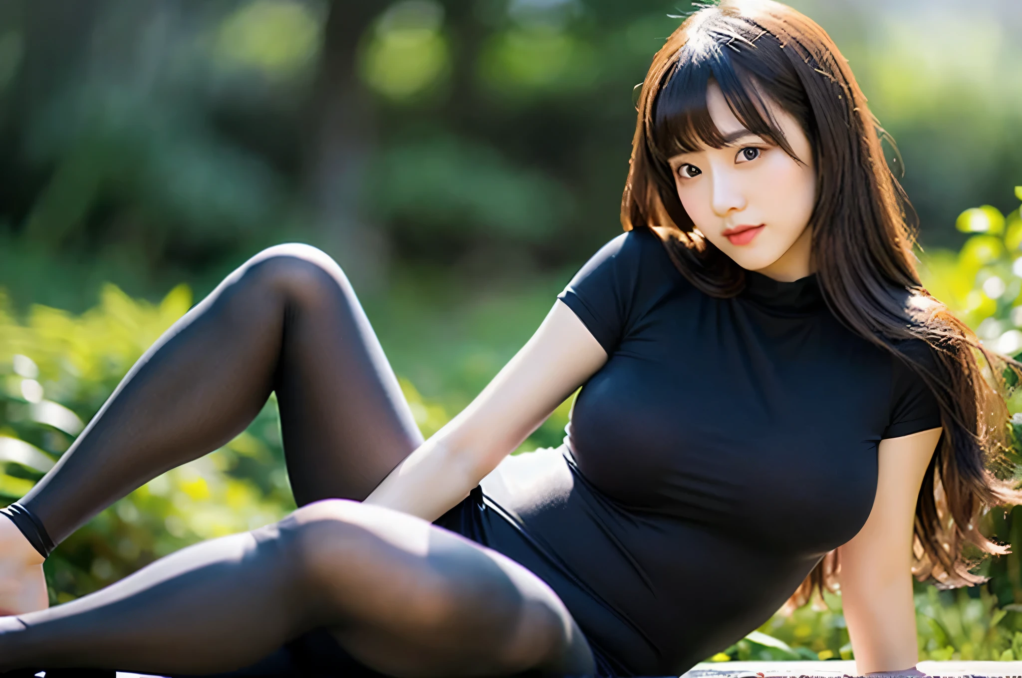 There is a woman sitting on a bench in the forest, japanese girl, gorgeous young japanese woman, beautiful south japanese woman, beautiful young japanese woman, japanese woman, hot with the shining sun, sexy girl、tight clothes、tight clothes、My clothes are wet and shiny、Clothes are damp