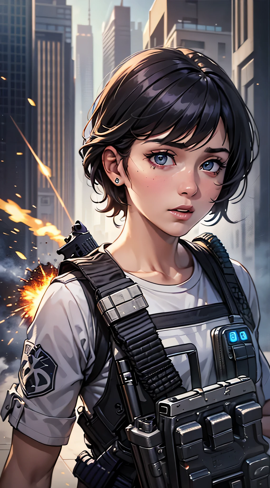 最high quality、best image quality、masterpiece、male person((25 years old、 muscular、Black Short Sleeve T-Shirt、black long pants、black haired、発光するeye、shout、eye、Kiai Pose、Hold an assault rifle、bulletproof vest、shooter(1:3))high quality、beautiful art、With background((Tattered city、battlefield,big explosion、missile air attack))、table top、elaborate design、visual art