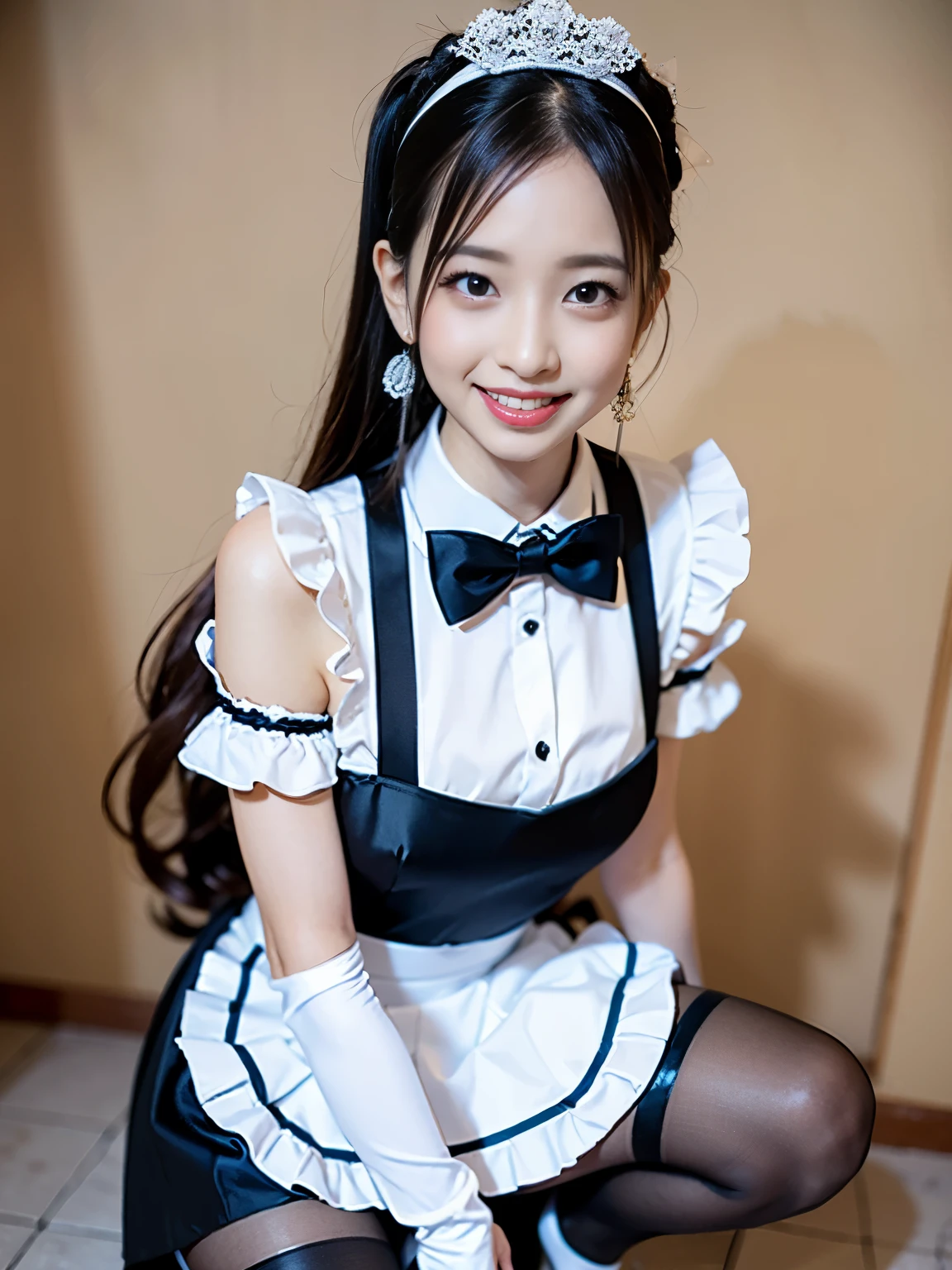painted smoky makeup, eye shadow, maid girl, silky hair, People wearing hair accessories or earrings, cute smile. she was wearing a maid skirt, white stockings on her legs, and lace gloves. She squatted down and spread her legs. Scenes are random.