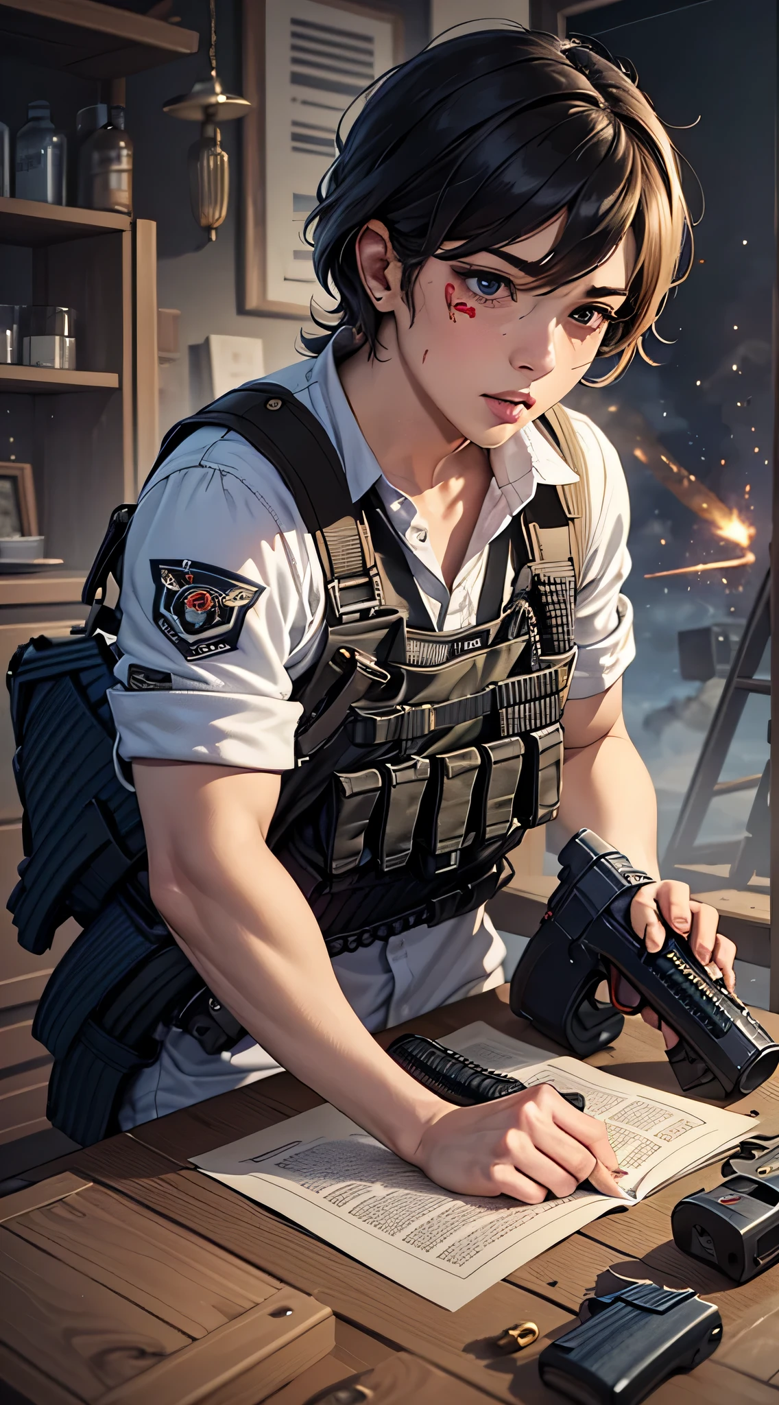 最high quality、best image quality、masterpiece、male person((25 years old、 muscular、Black Short Sleeve T-Shirt、black long pants、black haired、発光するeye、shout、eye、Kiai Pose、Hold an assault rifle、bulletproof vest、shooter(1:3))high quality、beautiful art、With background((Tattered city、battlefield,big explosion、missile air attack))、table top、elaborate design、visual art