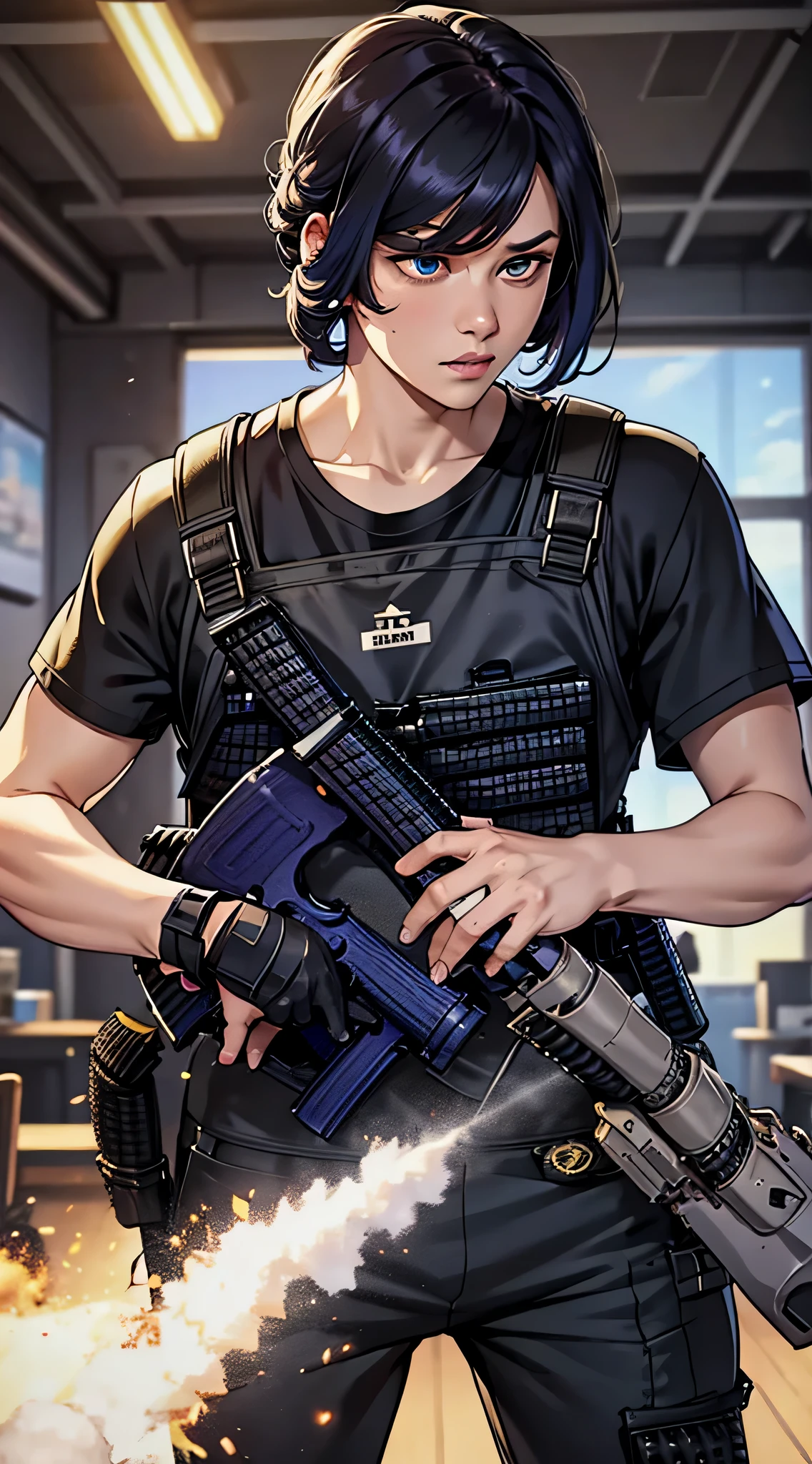 最high quality、best image quality、masterpiece、male person((25 years old、 muscular、Black Short Sleeve T-Shirt、black long pants、black haired、発光するeye、shout、eye、Kiai Pose、Hold an assault rifle、bulletproof vest、shooter(1:3)）high quality、beautiful art、With background((Tattered city、battlefield,big explosion、missile air attack))、table top、elaborate design、visual art