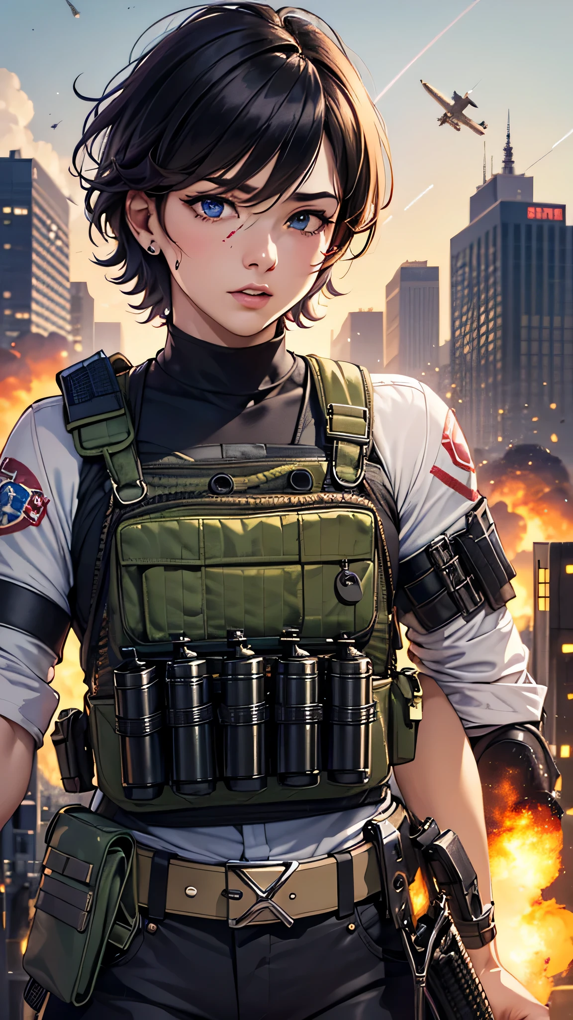 最high quality、best image quality、masterpiece、male person((25 years old、 muscular、Black Short Sleeve T-Shirt、black long pants、black haired、発光するeye、shout、eye、Kiai Pose、Hold an assault rifle、bulletproof vest、shooter(1:3)）high quality、beautiful art、With background((Tattered city、battlefield,big explosion、missile air attack))、table top、elaborate design、visual art