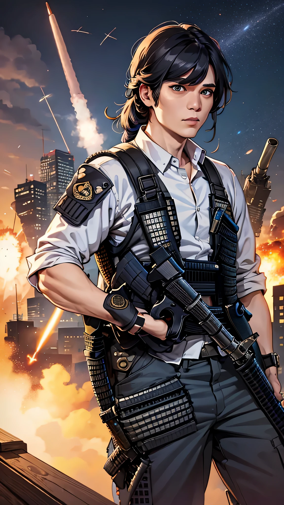 最high quality、best image quality、masterpiece、male person((25 years old、 muscular、Black Short Sleeve T-Shirt、black long pants、black haired、発光するeye、shout、eye、Kiai Pose、Hold an assault rifle、bulletproof vest、shooter(1:3))high quality、beautiful art、With background((Tattered city、battlefield,big explosion、missile air attack))、table top、elaborate design、visual art