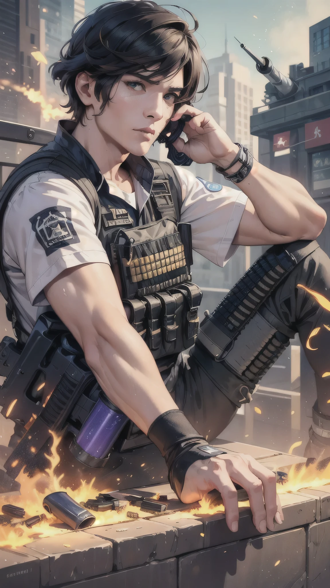 最high quality、best image quality、masterpiece、male person((25 years old、 muscular、Black Short Sleeve T-Shirt、black long pants、black haired、発光するeye、shout、eye、Kiai Pose、Hold an assault rifle、bulletproof vest、shooter(1:3))high quality、beautiful art、With background((Tattered city、battlefield,big explosion、missile air attack))、table top、elaborate design、visual art