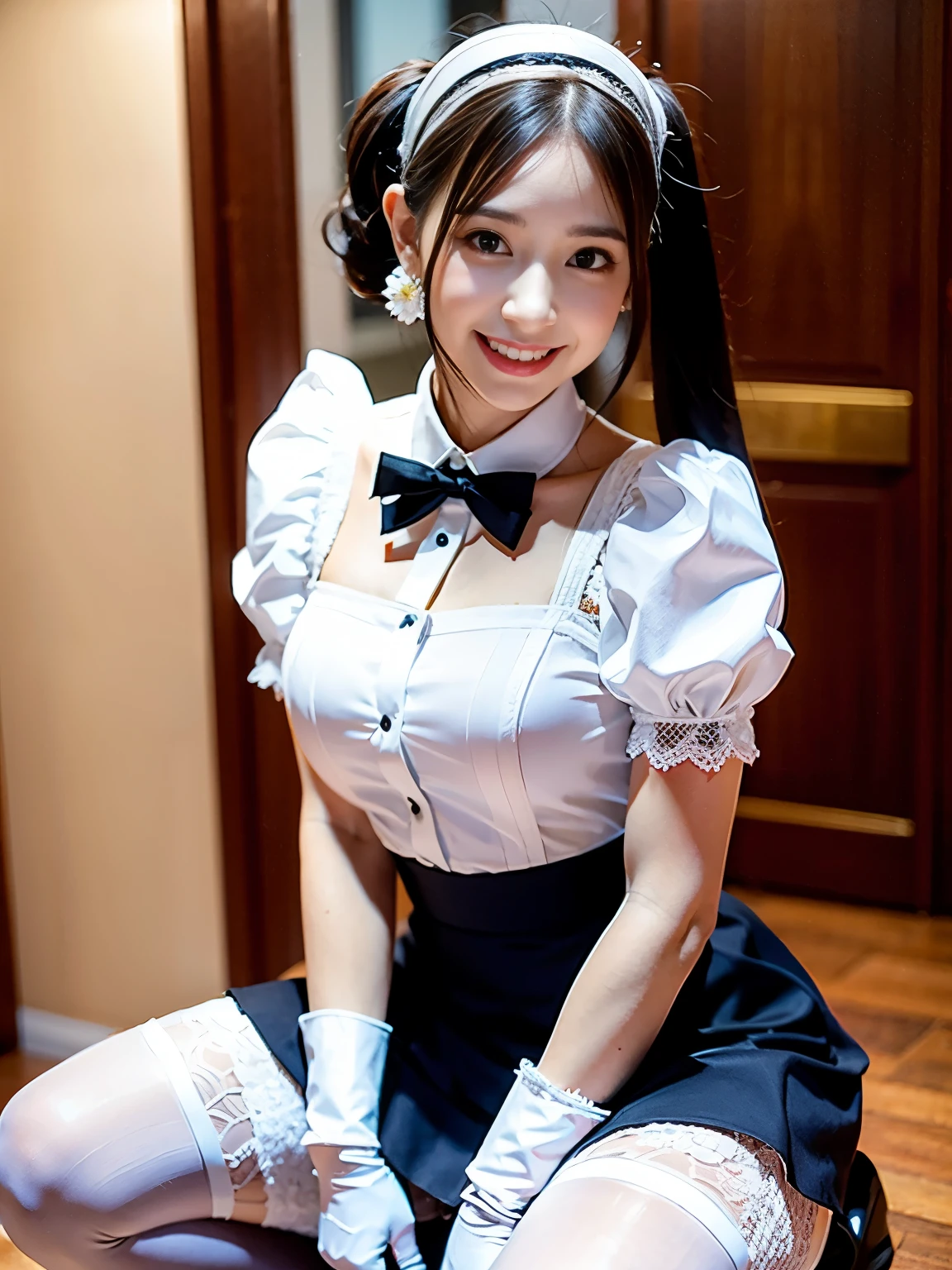 painted smoky makeup, eye shadow, maid girl, silky hair, People wearing hair accessories or earrings, cute smile. she was wearing a maid skirt, white stockings on her legs, and lace gloves. She squatted down and spread her legs. Scenes are random.