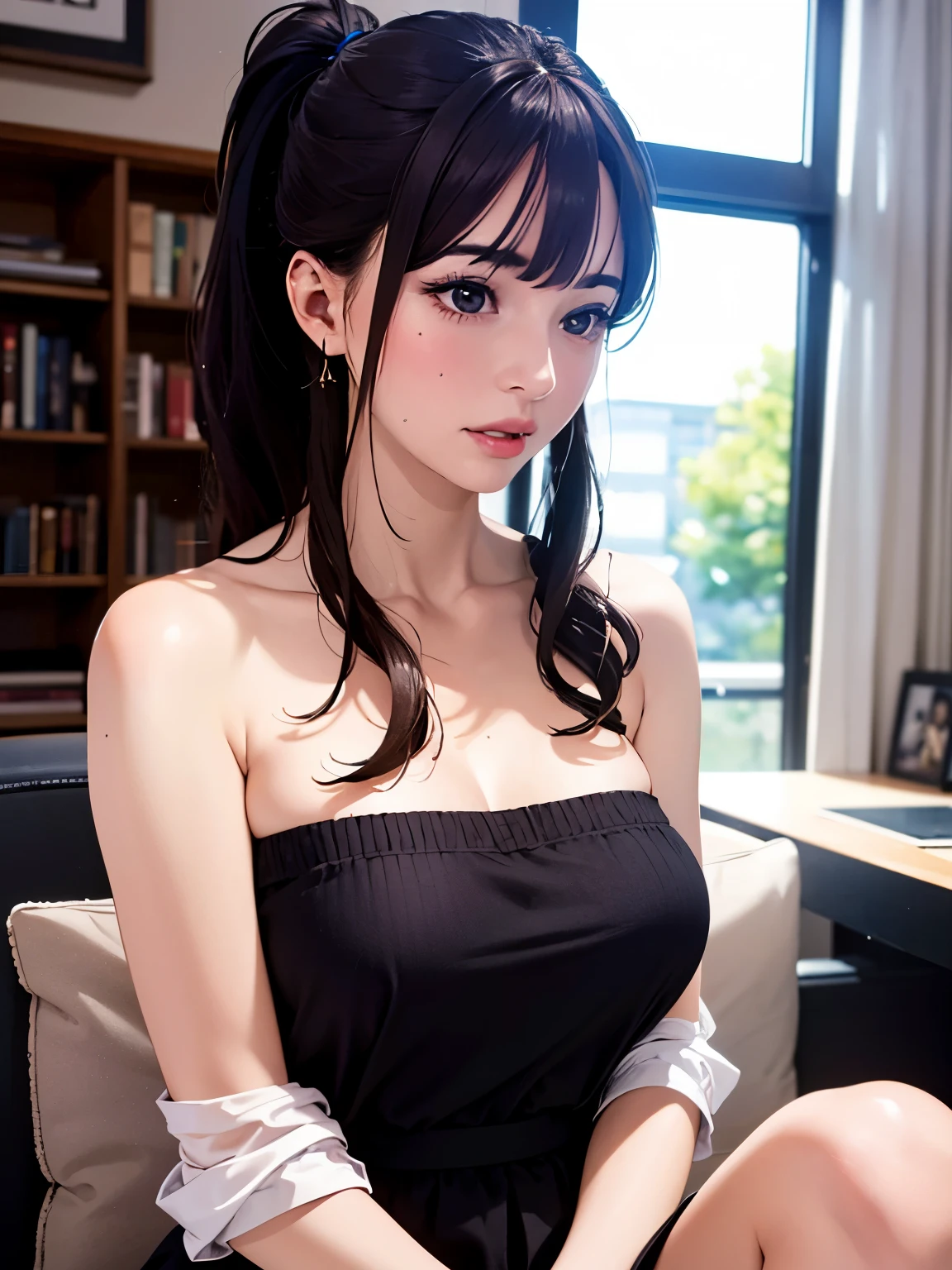 ((At SFW)), (highest quality、4k、8k、High resolution、masterpiece: 1.2)、Super detailed、(real、photorealistic、photorealistic: 1.37)、(realistic:1.4), (sharp focus:1.2), (complex lighting),1 ponytail girl, Valerie Frizzle,dress,   clear eyes, perfect body, (look down at the viewer:0.8), (Pueros face_v1:0.2), removed sleeve, open your mouth, bangs, shiny skin, 