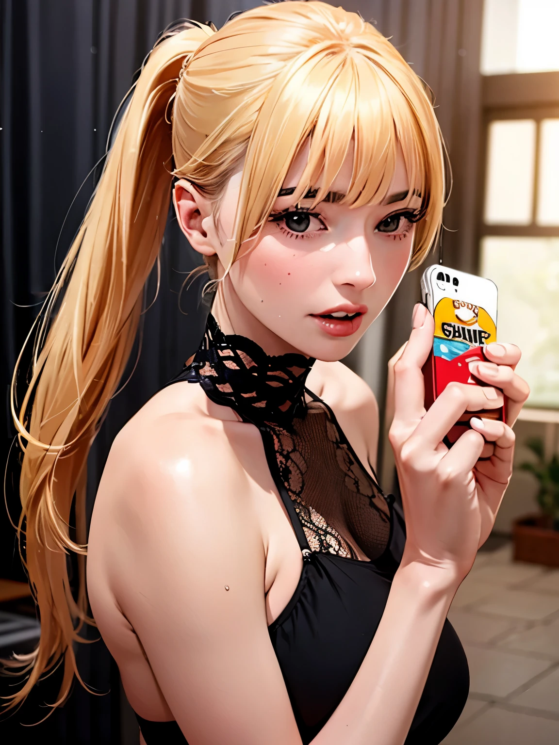 ((At SFW)), (highest quality、4k、8k、High resolution、masterpiece: 1.2)、Super detailed、(real、photorealistic、photorealistic: 1.37)、(realistic:1.4), (sharp focus:1.2), (complex lighting),1 ponytail girl, Valerie Frizzle,dress,   clear eyes, perfect body, (look down at the viewer:0.8), (Pueros face_v1:0.2), removed sleeve, open your mouth, bangs, shiny skin, 