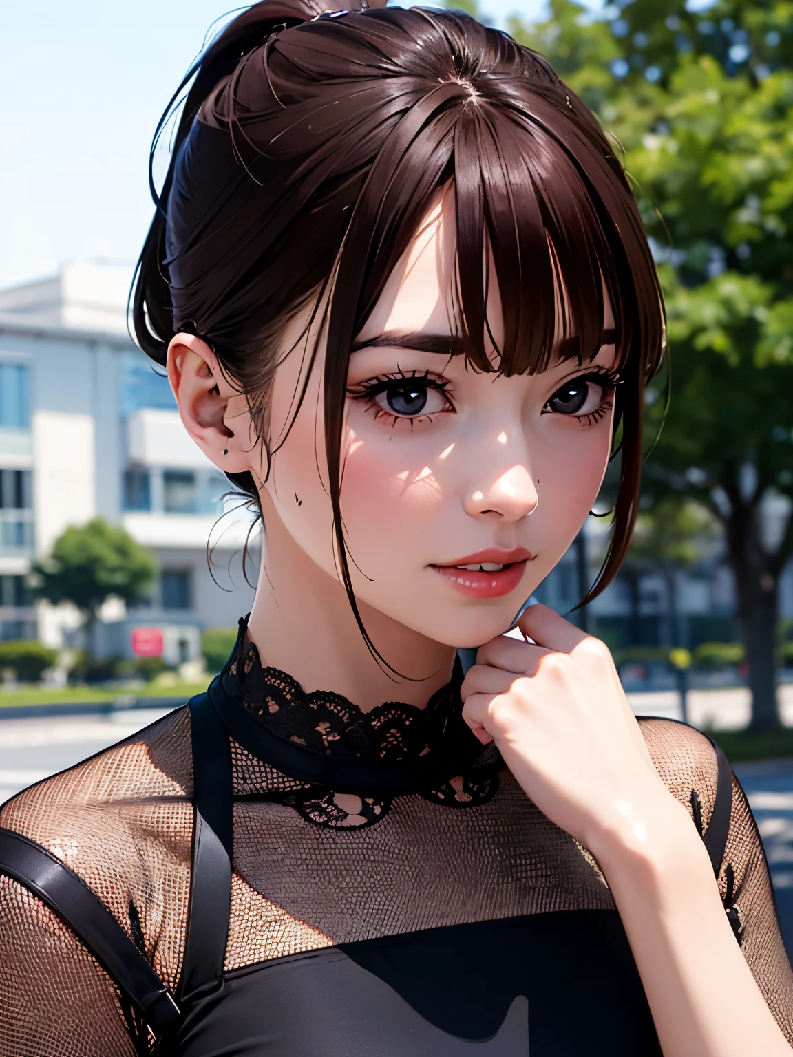 ((At SFW)), (highest quality、4k、8k、High resolution、masterpiece: 1.2)、Super detailed、(real、photorealistic、photorealistic: 1.37)、(realistic:1.4), (sharp focus:1.2), (complex lighting),1 ponytail girl, Valerie Frizzle,dress,   clear eyes, perfect body, (look down at the viewer:0.8), (Pueros face_v1:0.2), removed sleeve, open your mouth, bangs, shiny skin, 