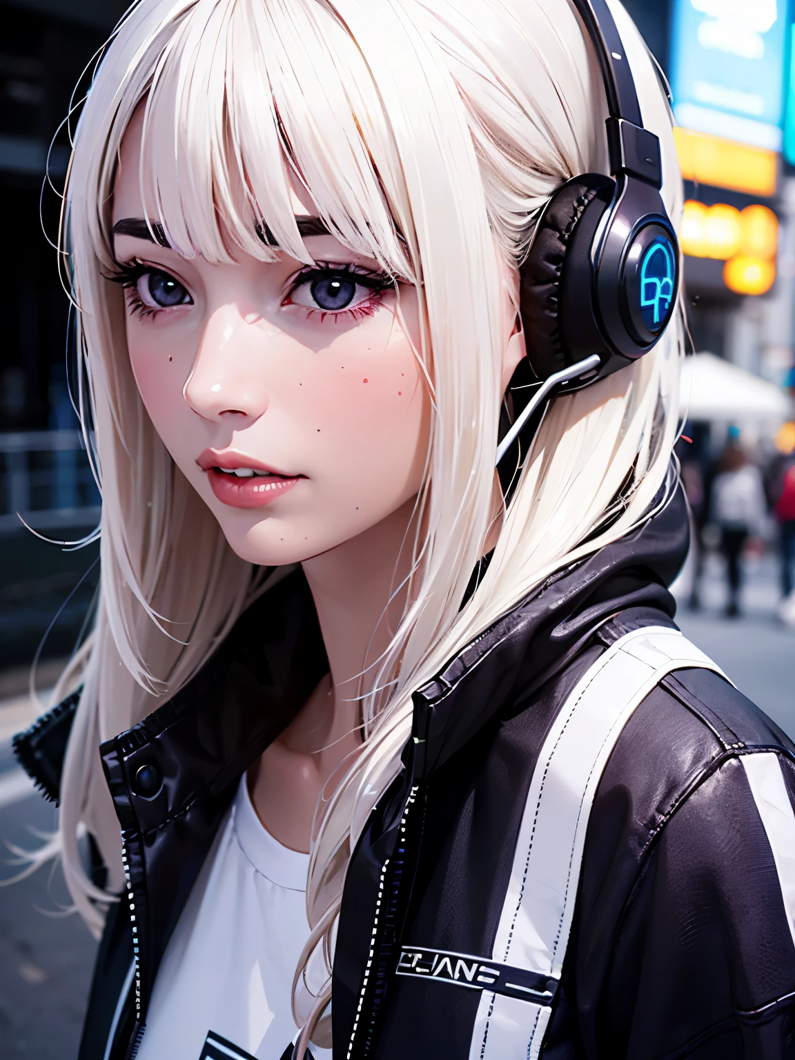 (best quality,realistic,ultra-detailed:1.2),portrait,white hair,long hair,techwear masterpiece,dark purple jacket,detailed eyes,platinum hair,21-year-old girl,fashion pose,wearing a headset,wide shot,on the street,cyberpunk