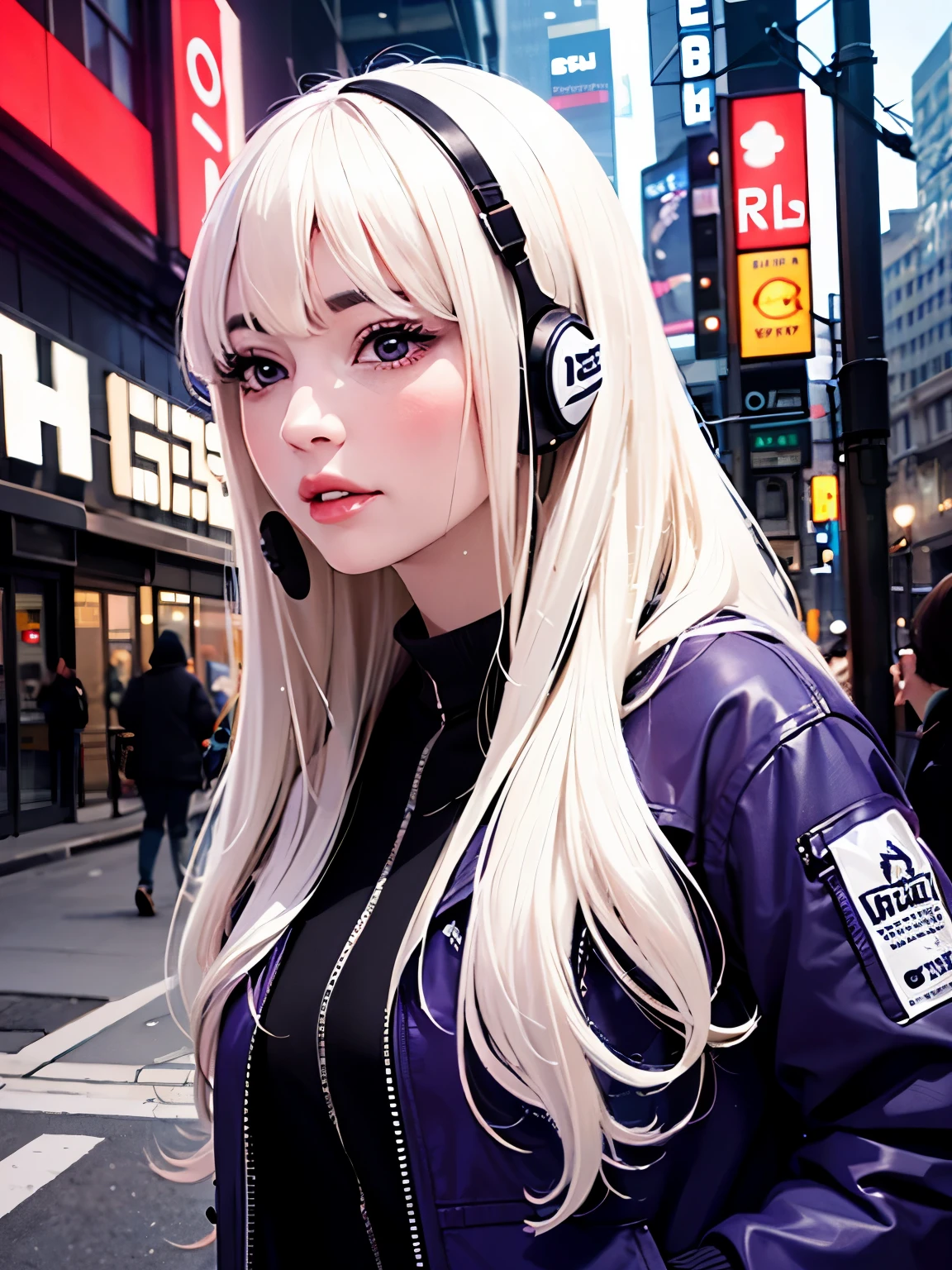 (best quality,realistic,ultra-detailed:1.2),portrait,white hair,long hair,techwear masterpiece,dark purple jacket,detailed eyes,platinum hair,21-year-old girl,fashion pose,wearing a headset,wide shot,on the street,cyberpunk