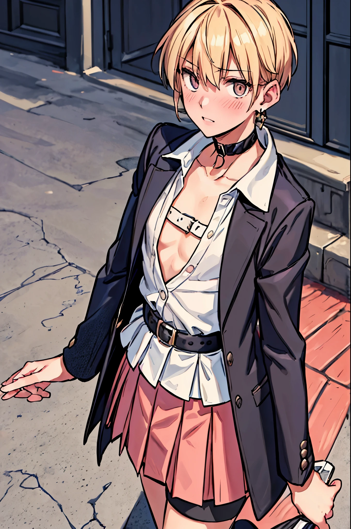 best quality,ultra-detailed,((background:outside street1,8)),(walking in the street),((face-focus),(portrait),((one boy)),((fem boy)),((trap)),((bulge)),black-choker,earrings((blonde short hair)),((man’s face)),((dress up as a woman)),((blush)),((flustred)),((poor chest)),((flat chest)),(school-uniform),(blouse),(blazer-uniform),vibrant colors,soft lighting,