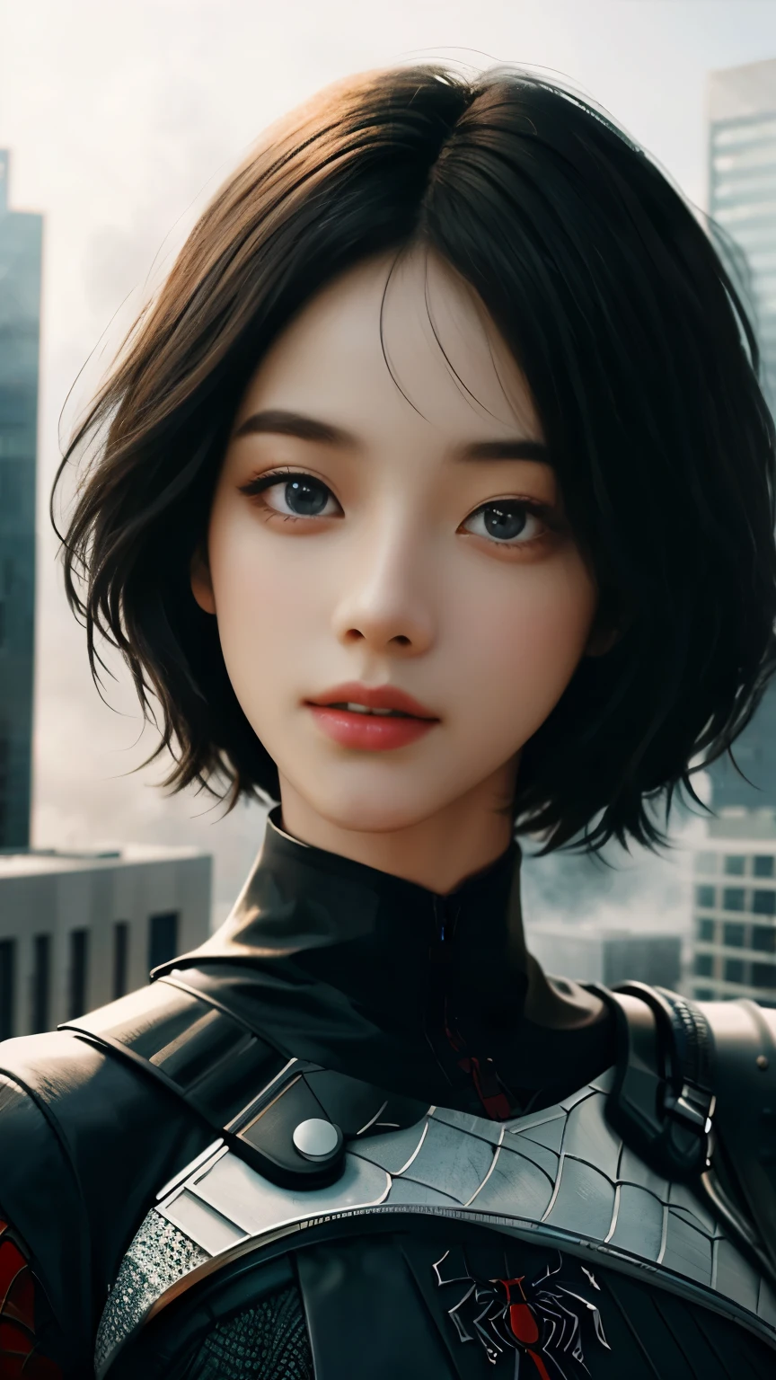 (1girl:1.3), Solo, (((Very detailed face)))), ((Very detailed eyes and face)))), Beautiful detail eyes, Body parts__, Official art, Unified 8k wallpaper, Super detailed, beautiful and beautiful, beautiful, masterpiece, best quality, original, masterpiece, super fine photo, best quality, super high resolution, realistic realism, sunlight, full body portrait, amazing beauty, dynamic pose, delicate face, vibrant eyes, (from the front), She wears Spider-Man suit, red and black color scheme, spider, very detailed city roof background, rooftop, overlooking the city, detailed face, detailed complex busy background, messy, gorgeous, milky white, highly detailed skin, realistic skin details, visible pores, clear focus, volumetric fog, 8k uhd, DSLR, high quality, film grain, fair skin, photo realism, lomography, futuristic dystopian megalopolis, translucent,cool beauty,tall girl,short cut hair, black hair,Precisely expresses details such as face and skin texture,beautiful eye,double eyelid,delicate skin,slender body shape,alone,big breasts,