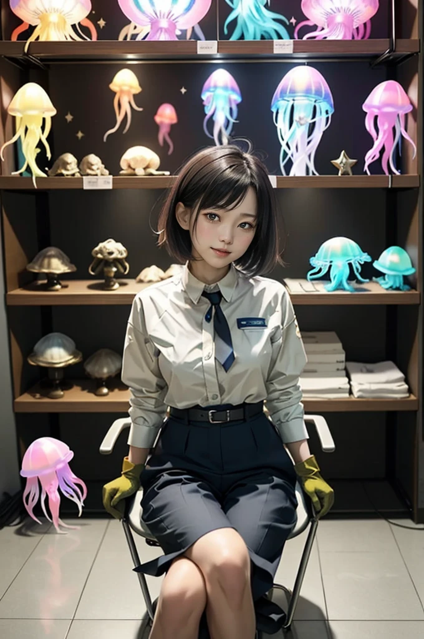 Near future、Female researcher sitting on a chair with a jellyfish in hand、(A translucent jellyfish-like space creature that shines in seven colors appears next to the woman..)、colorful,(masterpiece:1,2), highest quality, masterpiece, High resolution, original, highly detailed wallpaper, 1 girl ,smile,alone, original_clothing,Dress like work clothes, gloves, chest, uniform, large chest, creatures of space、short hair woman、Asian female researchers、A female researcher who conspires with aliens to commit evil acts..、wolf cut hair、jellyfish collector、赤いgloves、A translucent jellyfish is flying behind、