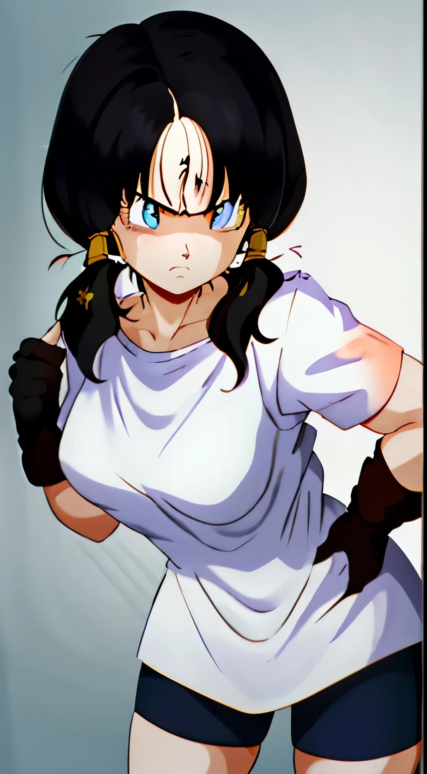 Saw 2, alone, blue eyes, black hair, twin tails, black gloves, bicycle_shorts, bangs, white shirt, badge,medium breasts, cowboy shot, frown, put your hand on your waist, leaning forward, point to the viewer,