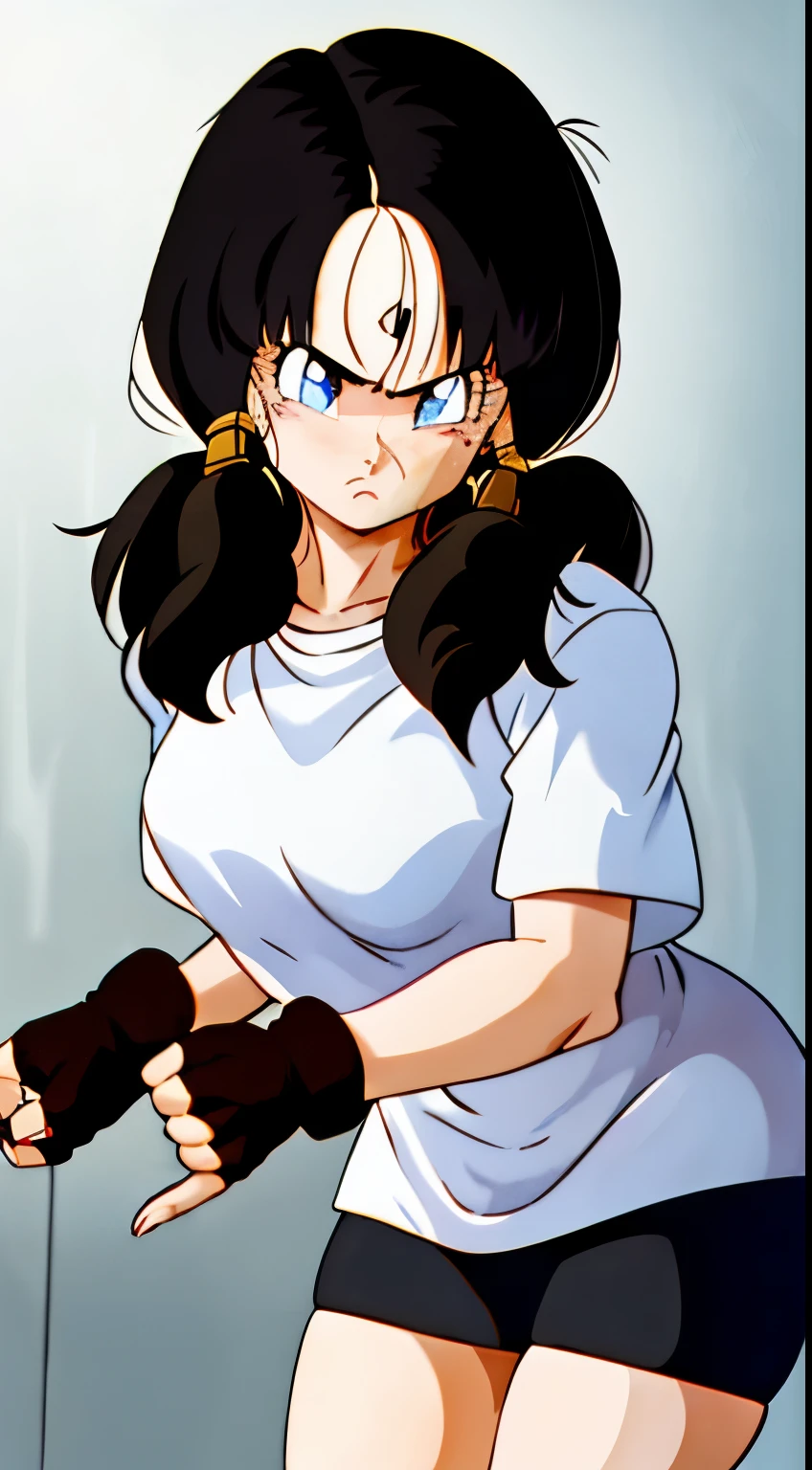 Saw 2, alone, blue eyes, black hair, twin tails, black gloves, bicycle_shorts, bangs, white shirt, badge,medium breasts, cowboy shot, frown, put your hand on your waist, leaning forward, point to the viewer,