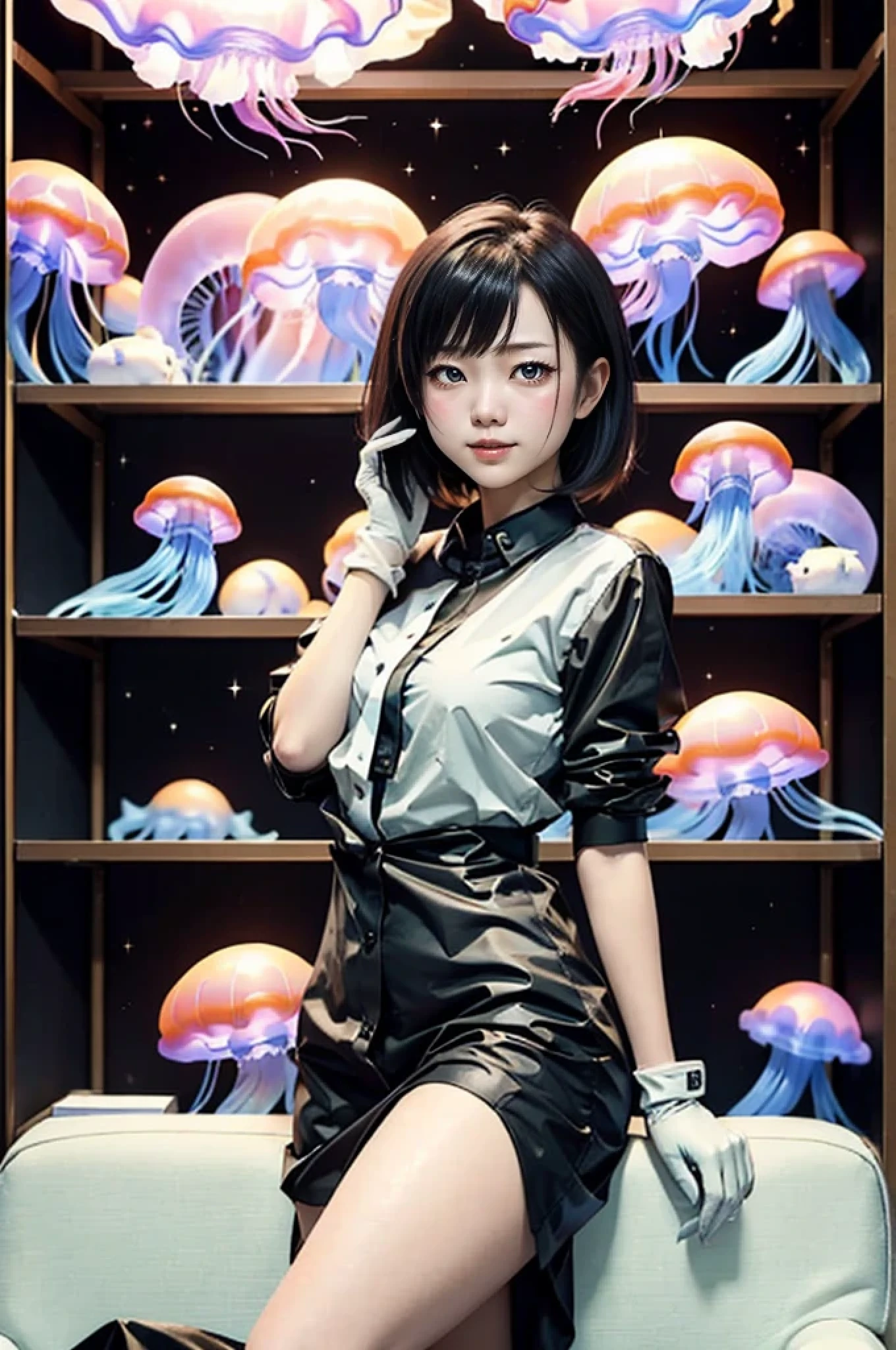 Near future、Female researcher sitting on a chair with a jellyfish in hand、(A translucent jellyfish-like space creature that shines in seven colors appears next to the woman..)、colorful,(masterpiece:1,2), highest quality, masterpiece, High resolution, original, highly detailed wallpaper, 1 girl ,smile,alone, original_clothing,Dress like work clothes, gloves, chest, uniform, large chest, creatures of space、short hair woman、Asian female researchers、A female researcher who conspires with aliens to commit evil acts..、wolf cut hair、jellyfish collector、赤いgloves、A translucent jellyfish is flying behind、