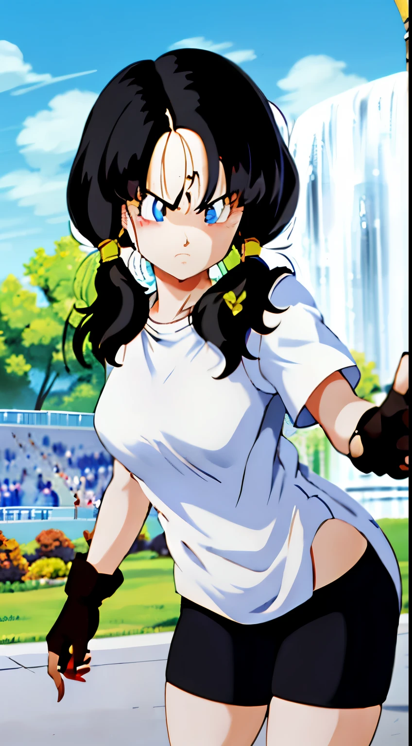 Saw 2, alone, blue eyes, black hair, twin tails, black gloves, bicycle_shorts, bangs, white shirt, badge,medium breasts, cowboy shot, frown, put your hand on your waist, leaning forward, point to the viewer,