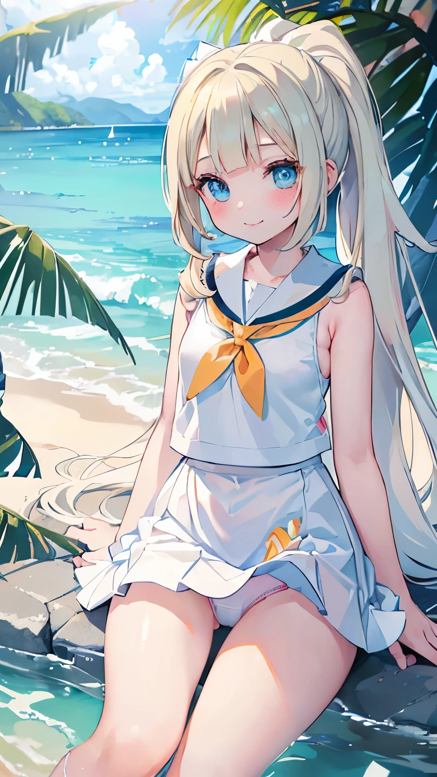 ((masterpiece)), disorganized, ((Lillie_Pokemon)), aqua eye, blonde,ponytail、beautiful white skin、white ribbon, white sailor suit、white pleated skirt , No sleeve, ((charming))、evil smile、perfect proportions、On a peaceful tropical sandy beach、(((amazon position)))、(((Angle from under panties))), ((woman on top)), 1boy