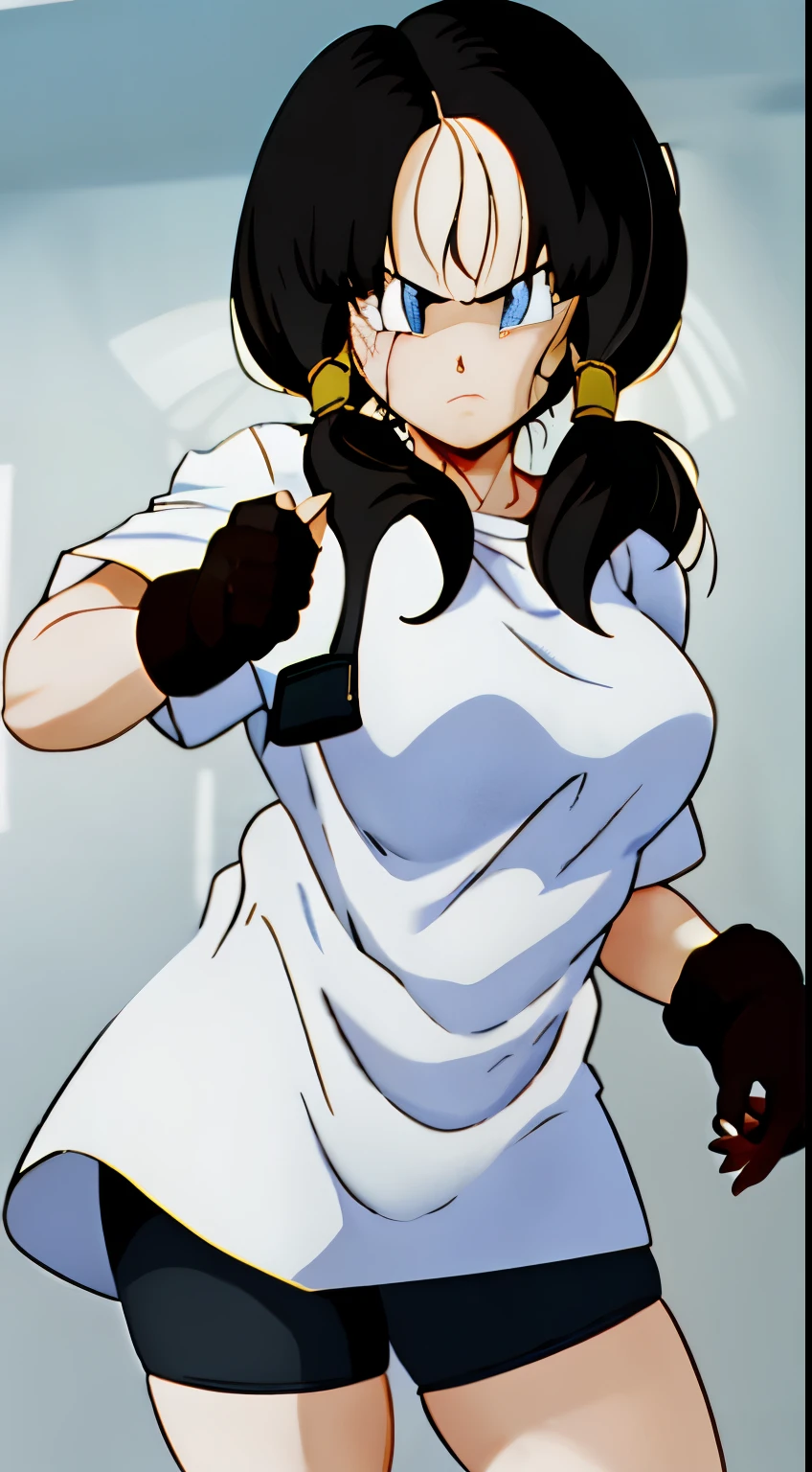 Saw 2, alone, blue eyes, black hair, twin tails, black gloves, bicycle_shorts, bangs, white shirt, badge,medium breasts, cowboy shot, frown, put your hand on your waist, leaning forward, point to the viewer,
