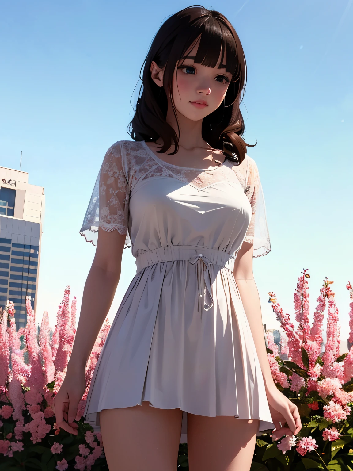 High resolution, highest quality, masterpiece, 超High resolution, 超High resolution, surreal, 3D, anime, figure, alone, A very beautiful and cute woman in her 20s, She flutters in a pale white floral miniskirt-length dress, her hair is moving, whole body, amazing perfect proportions, Shiny light brown medium hair, high layer cut, mullet hairstyle, bright blue eyes, Happy, shy