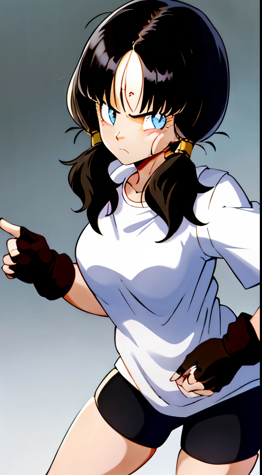 Saw 2, alone, blue eyes, black hair, twin tails, black gloves, bicycle_shorts, bangs, white shirt, badge,medium breasts, cowboy shot, frown, put your hand on your waist, leaning forward, point to the viewer,