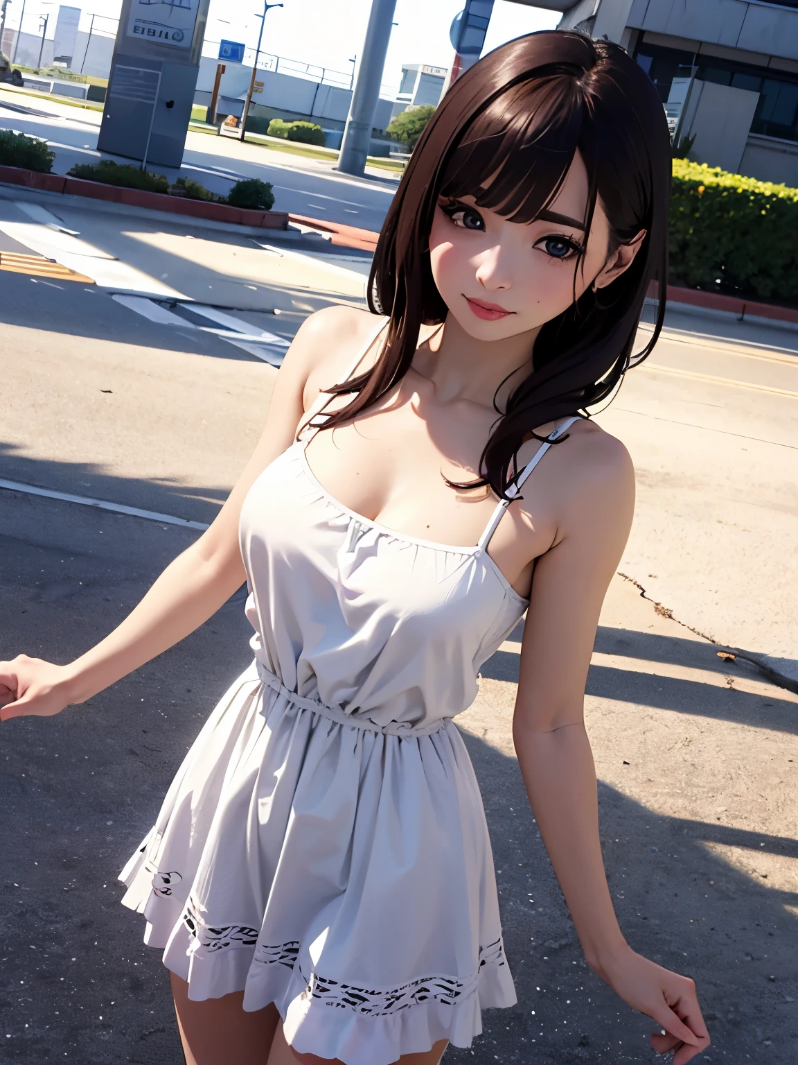 High resolution, highest quality, masterpiece, 超High resolution, 超High resolution, surreal, 3D, anime, figure, alone, A very beautiful and cute woman in her 20s, She flutters in a pale white floral miniskirt-length dress, her hair is moving, whole body, amazing perfect proportions, Shiny light brown medium hair, high layer cut, mullet hairstyle, bright blue eyes, Happy, shy