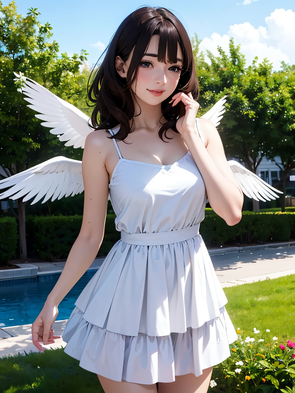 (best quality,highres,masterpiece:1.2),ultra-high resolution,hyperrealistic,3D,anime,illustration,alone,beautiful and cute woman in her 20s,wearing a delicate white floral mini dress, fluttering her wings,her hair is flowing,wonderful perfect proportions,glossy light brown medium hair,high-layered cut,Vora hairstyle,bright blue eyes,happy,shy