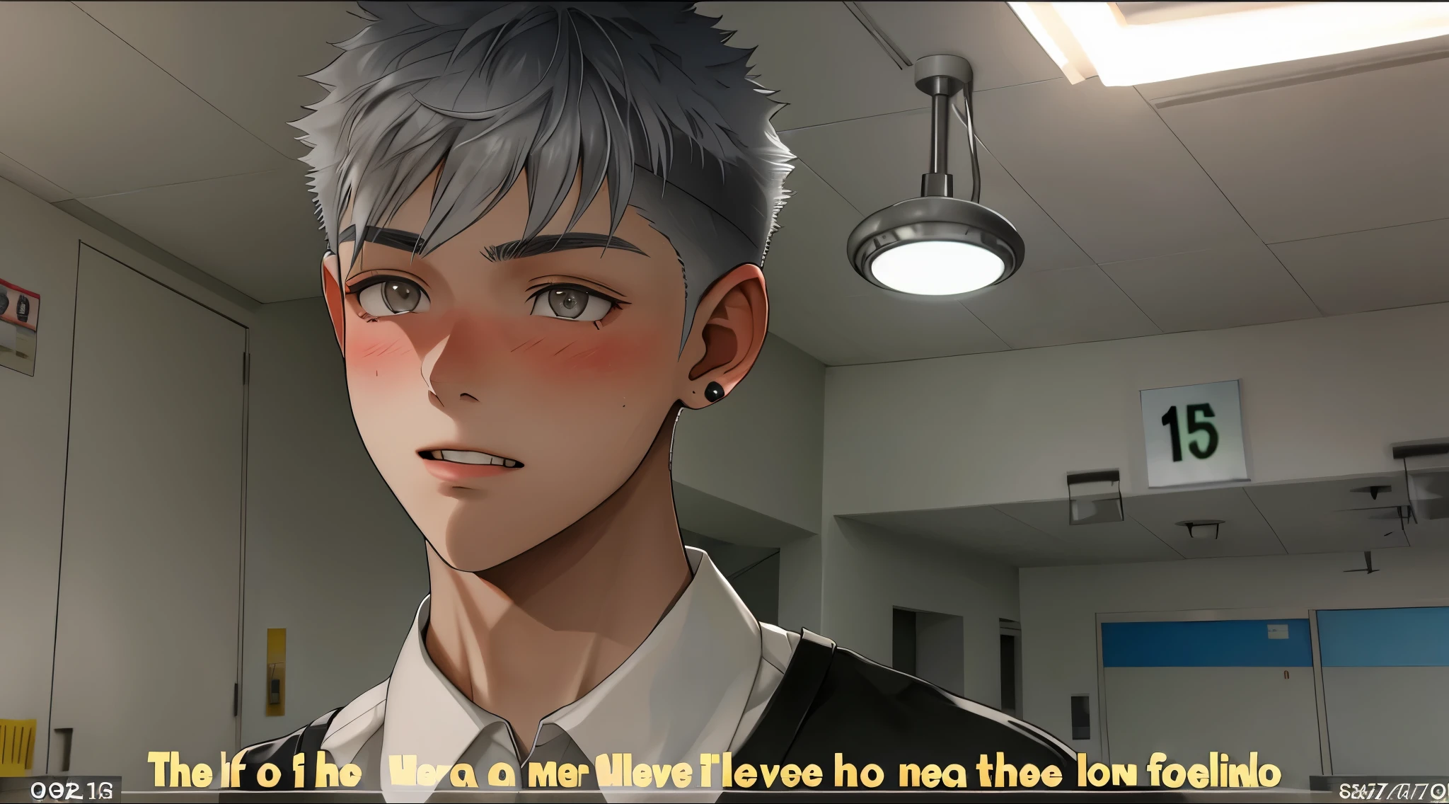There is a cute 17-year-old boy with silver hair and gray eyes., esta en el hospital preocupado preguntando por la salud de un amigo