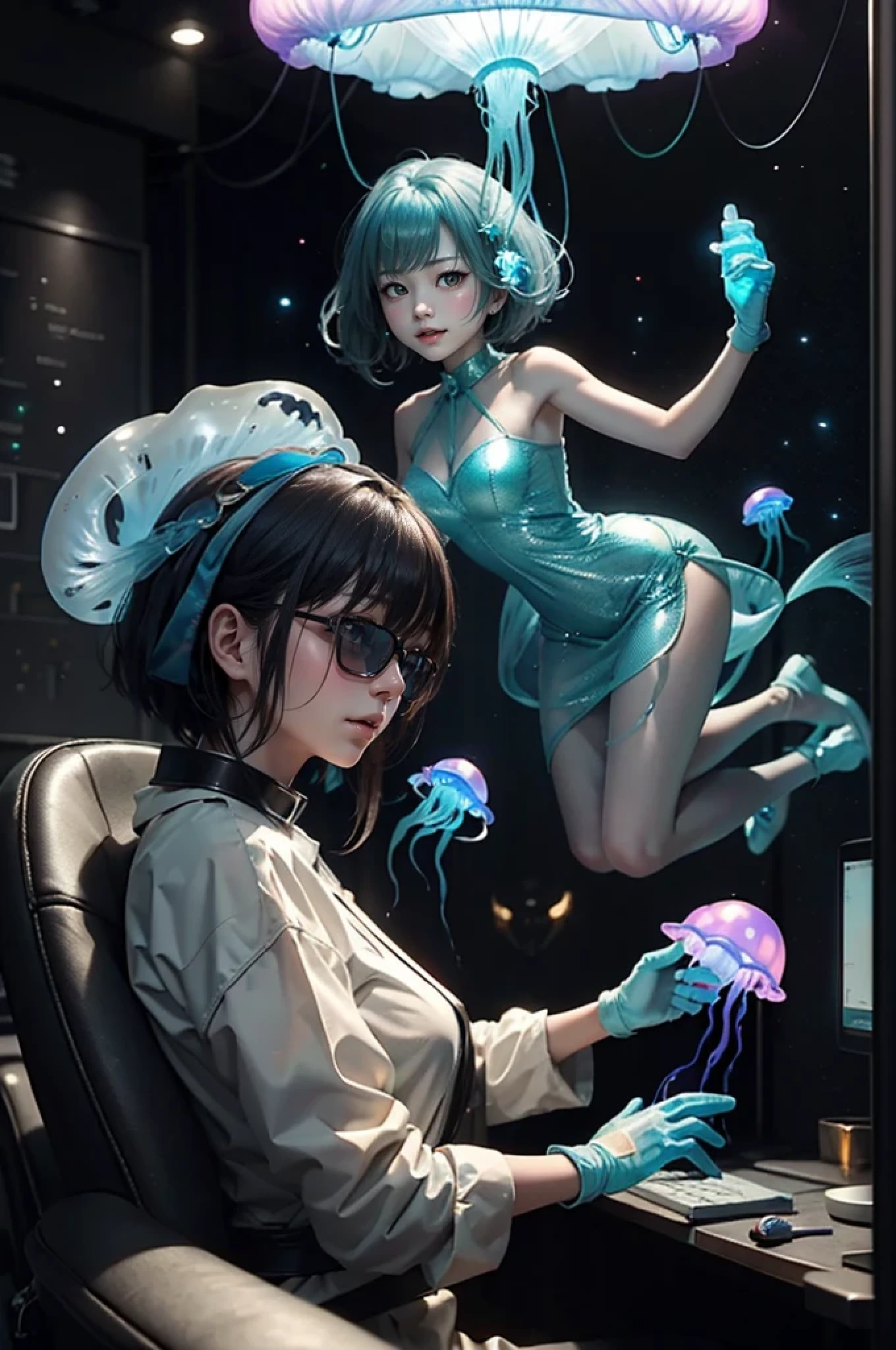 Near future、Female researcher sitting on a chair with a jellyfish in hand、(A translucent jellyfish-like space creature that shines in seven colors appears next to the woman..)、colorful,(masterpiece:1,2), highest quality, masterpiece, High resolution, original, highly detailed wallpaper, 1 girl ,smile,alone, original_clothing,Dress like work clothes, gloves, chest, uniform, large chest, creatures of space、short hair woman、Asian female researchers、A female researcher who conspires with aliens to commit evil acts..、wolf cut hair、jellyfish collector、赤いgloves、A translucent jellyfish is flying behind、