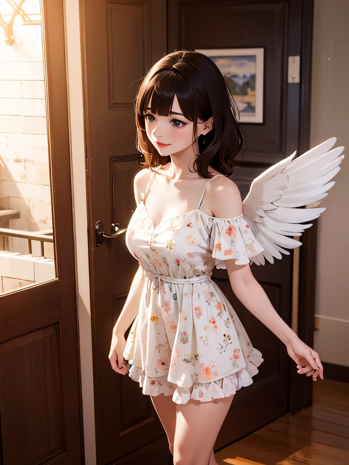 (best quality,highres,masterpiece:1.2),ultra-high resolution,hyperrealistic,3D,anime,illustration,alone,beautiful and cute woman in her 20s,wearing a delicate white floral mini dress, fluttering her wings,her hair is flowing,wonderful perfect proportions,glossy light brown medium hair,high-layered cut,Vora hairstyle,bright blue eyes,happy,shy