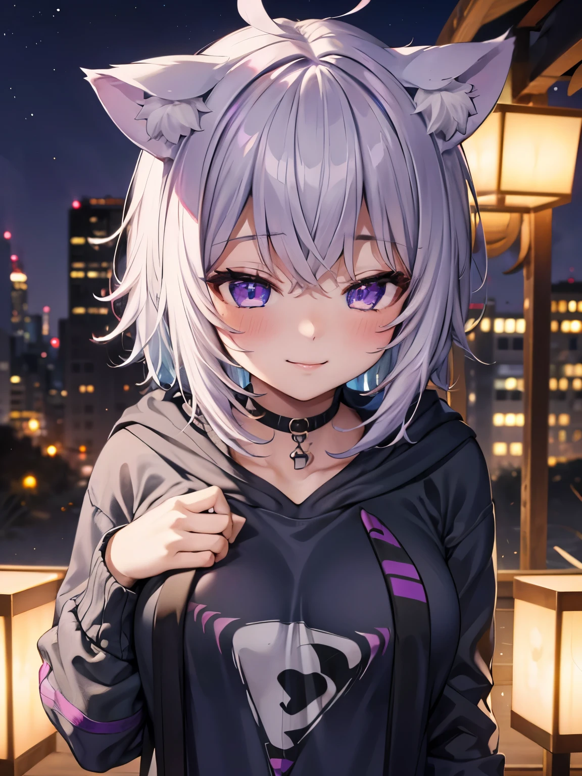 highest quality,wonderful,masterpiece,delicate,ultra high resolution,super detailed,intricate details,beautiful,8K resolution,(Highly detailed CG Unity 8k wallpaper),sharp focus、((Nekomata okayu)), ((masterpiece)), wide shot, (professional photography:1.2), ((Oversized hoodie details)), (small breasts),sleepy, smile, rough skin, messy hair, ((sexy pose)), thin, (sleepy face), put on cat ears, 8k, (cinematic lighting)、short hair、outside