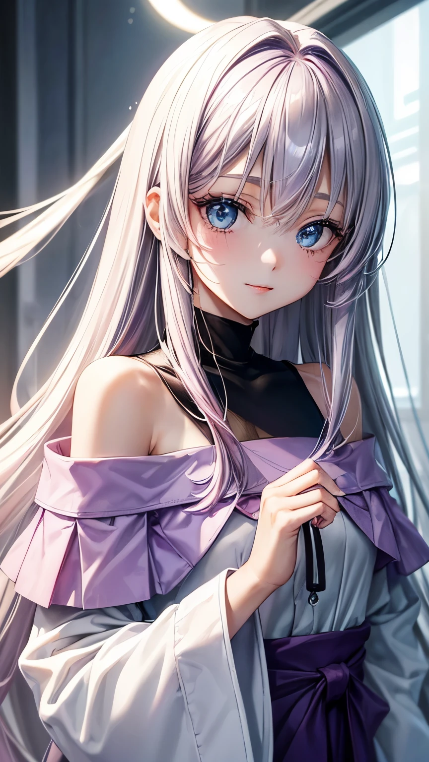 20 years old Japanese lady (( small breast, slender)), shiny pale purple straight long hair (( pale purple hair , gradient white hair )),((much shaggy forelock)), (( some pale blue highlights)), BREAK, big droopy round eyes ((shiny light blue eyes)), eyelashes, BREAK, tidy and popular fashion (( pink off-shoulder shirt )), white overcoat , cheerful and innocent smiling, fascinating and friendly atmosphere,((face focus)), looking back pose