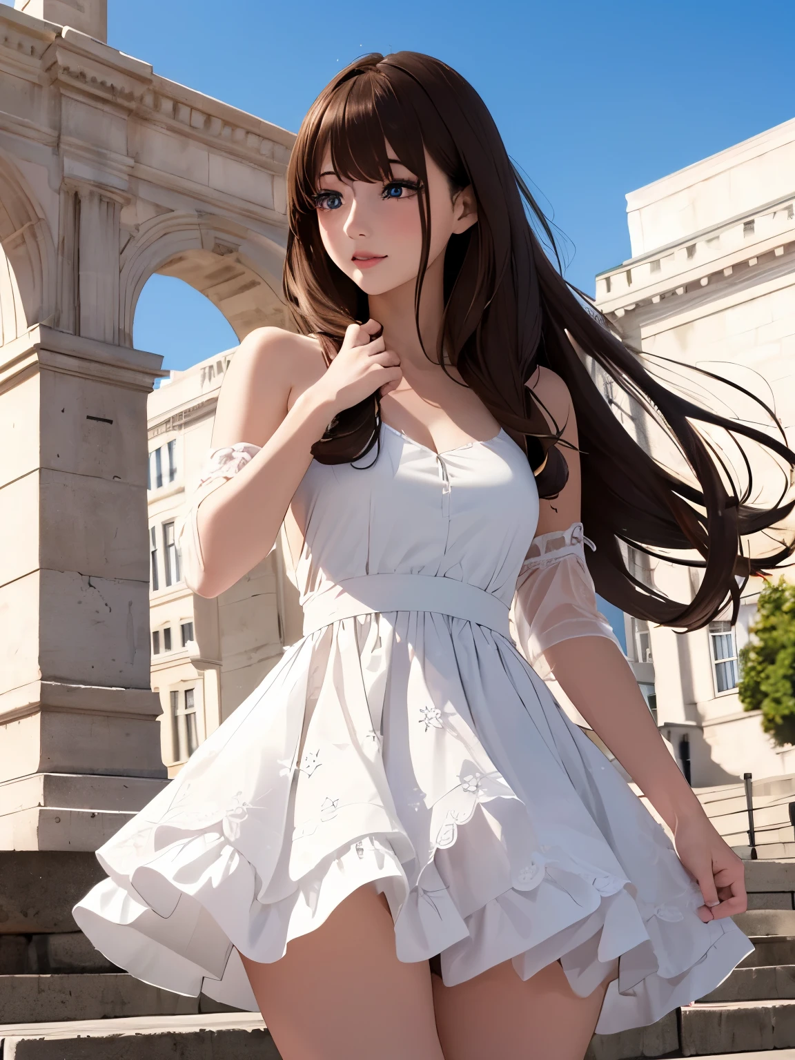 (best quality, highres, masterpiece:1.2), ultra-high resolution, ultra-realistic, 3D, anime, character, a young woman in her twenties, very beautiful and cute, she is wearing a delicate white floral mini skirt dress and fluttering, her hair is flowing, full body, perfect proportions, glossy light brown medium hair, layered cut, voluminous hairstyle, bright blue eyes, happy, shy