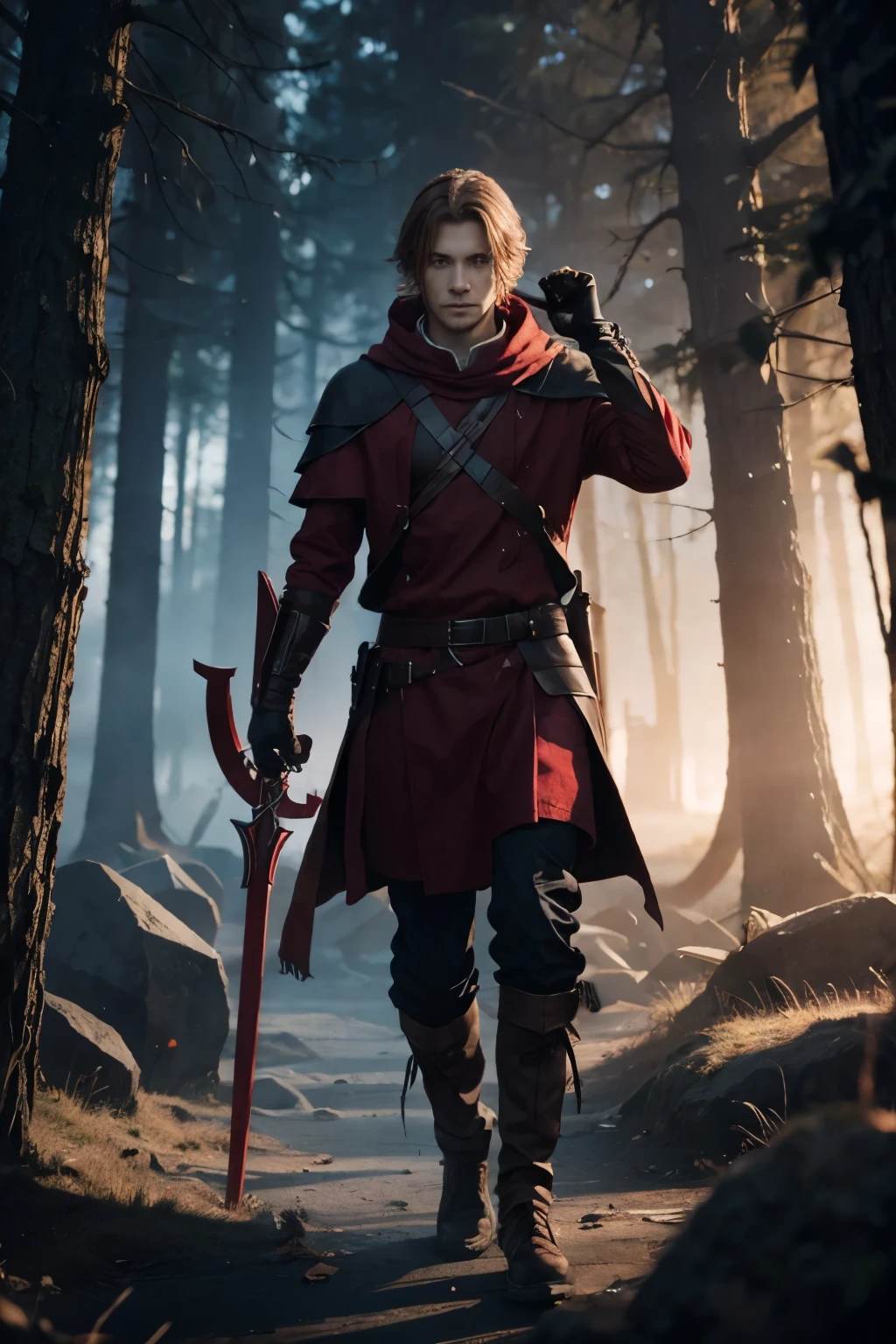 (masterpiece), high quality, ultra-detailed CG art, immersive atmosphere, (male character) with (blue eyes:1.2|red hair:1.1), clad in unique hunter attire, exuding a calm smile and (holding a syringe:1.3) prepared to administer medication from (medical kit on wrist), against the backdrop of a (haunting forest:1.5) shrouded in mist.