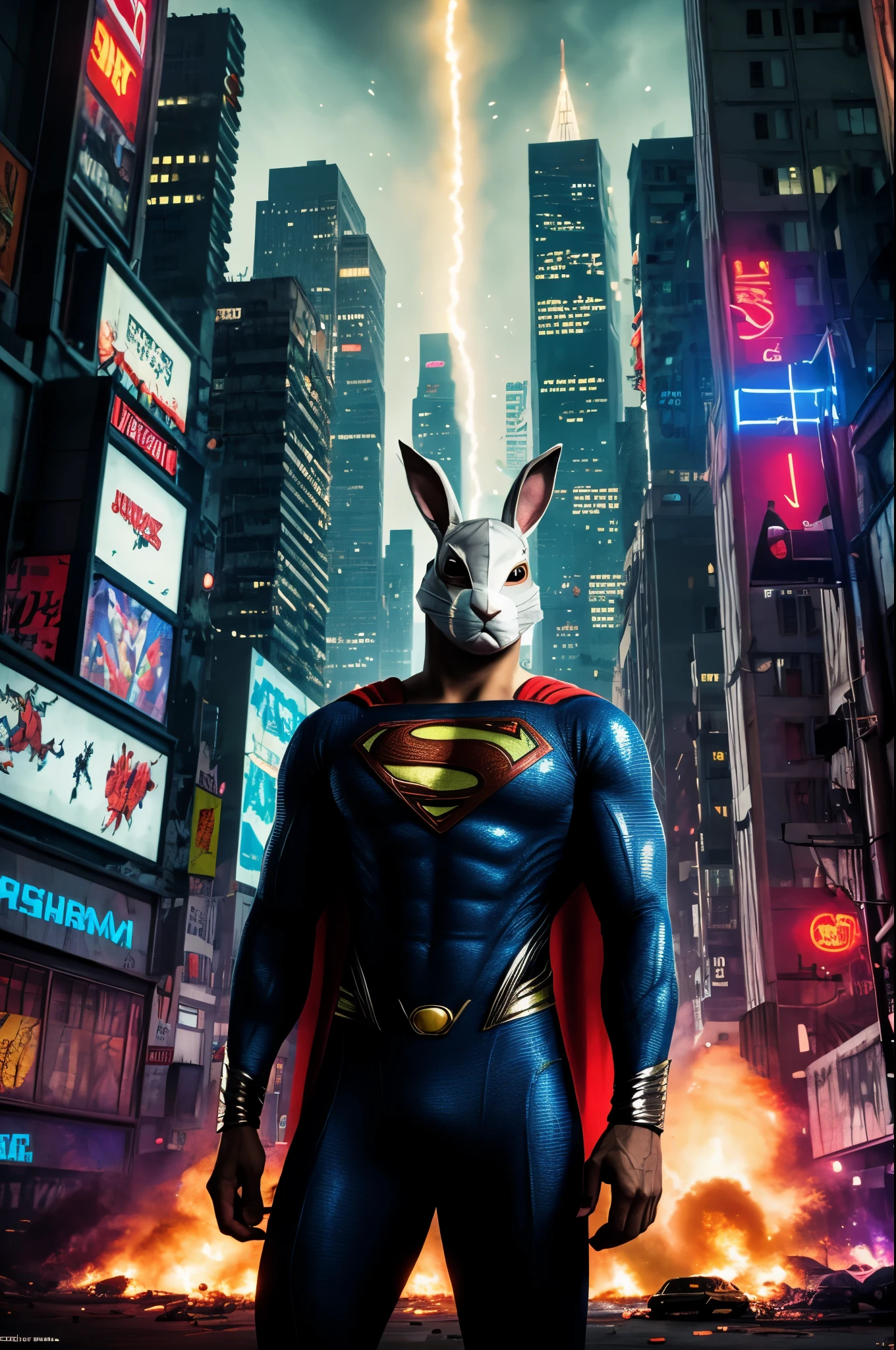 (best quality,highres),apex thug wearing a bunny mask and superman costume,2 bazookas,5 stars flashing above him,video game burning city,night view,gritty and realistic,explosions and smoke,city skyline,flickering neon lights,dynamic action,street chaos in the background,vibrant colors,comic book style