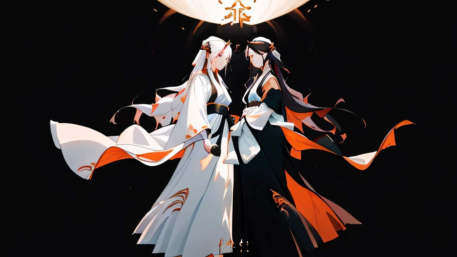 Two Asian women wearing black and white robes standing side by side, flowing hair and gown, wearing Flowing robes, full body martial arts, Flowing robes, full body xianxia, epic tale of the twin sisters, Beautiful Gemini twins, heise jinyao, Wearing flowing robes, Beautiful sci-fi twins, Wearing a simple robe, author：Yang Jie