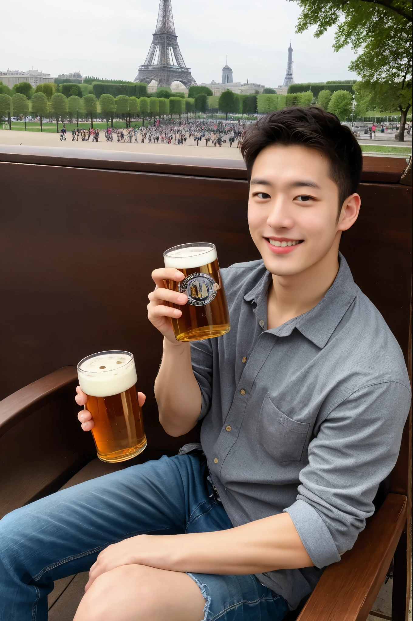 masterpiece, highest quality, 8K ultra-high resolution, Digital single-lens reflex camera, 1 man, 25 year old muscular man, bodice, smile 、trip、Paris、eiffel tower、sitting in a chair、man drinking beer