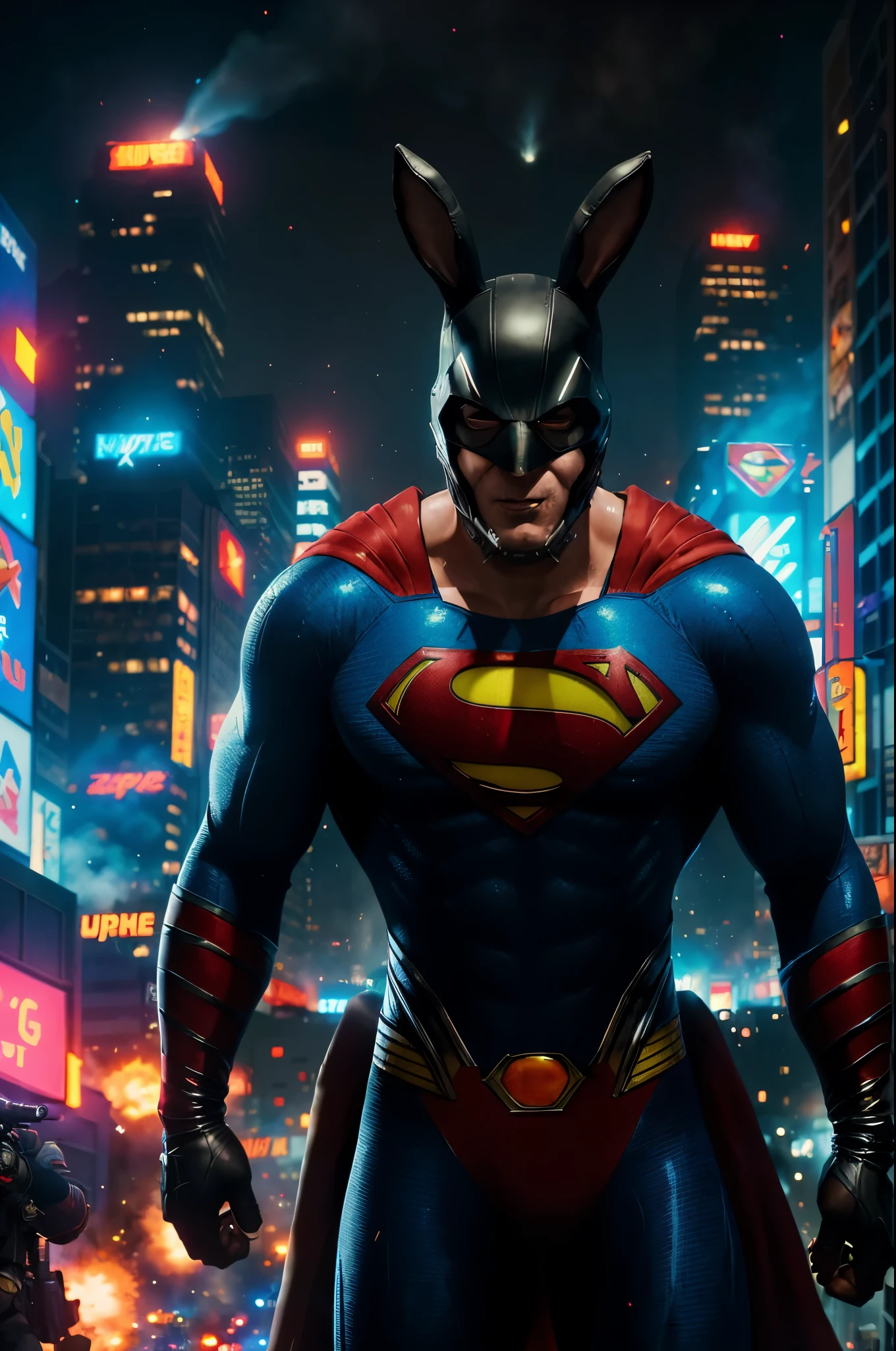 (best quality,highres),apex thug wearing a bunny mask and superman costume,2 bazookas,5 stars flashing above him,video game burning city,night view,gritty and realistic,explosions and smoke,city skyline,flickering neon lights,dynamic action,street chaos in the background,vibrant colors,comic book style