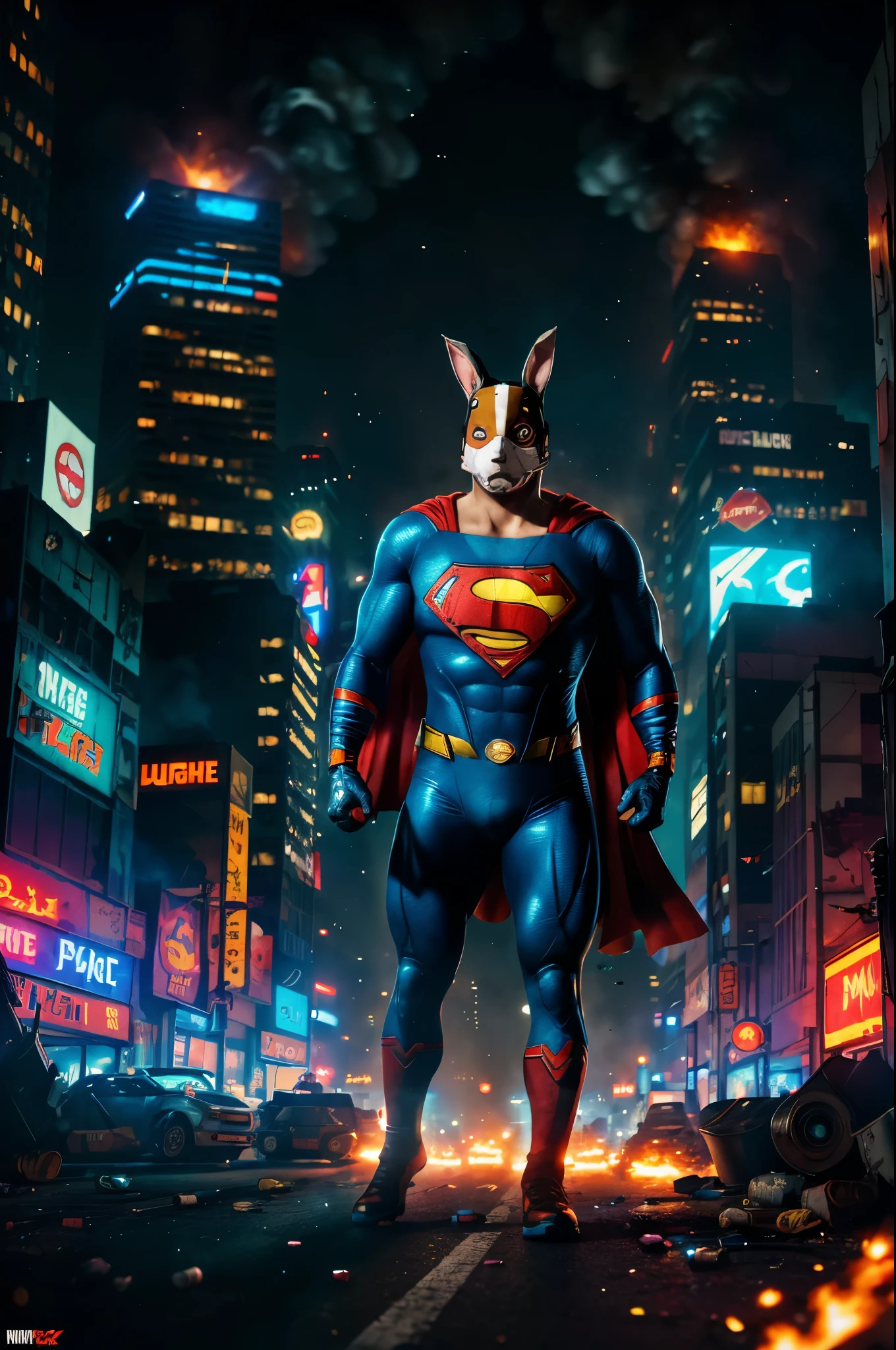 (best quality,highres),apex thug wearing a bunny mask and superman costume,2 bazookas,5 stars flashing above him,video game burning city,night view,gritty and realistic,explosions and smoke,city skyline,flickering neon lights,dynamic action,street chaos in the background,vibrant colors,comic book style