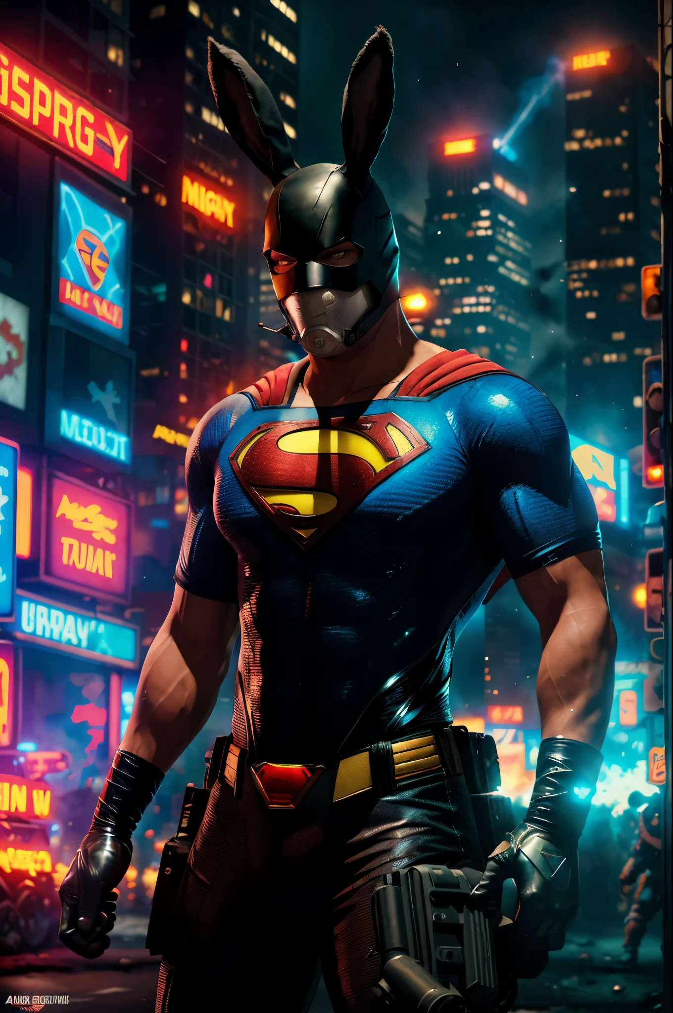 (best quality,highres),apex thug wearing a bunny mask and superman costume,2 bazookas,5 stars flashing above him,video game burning city,night view,gritty and realistic,explosions and smoke,city skyline,flickering neon lights,dynamic action,street chaos in the background,vibrant colors,comic book style