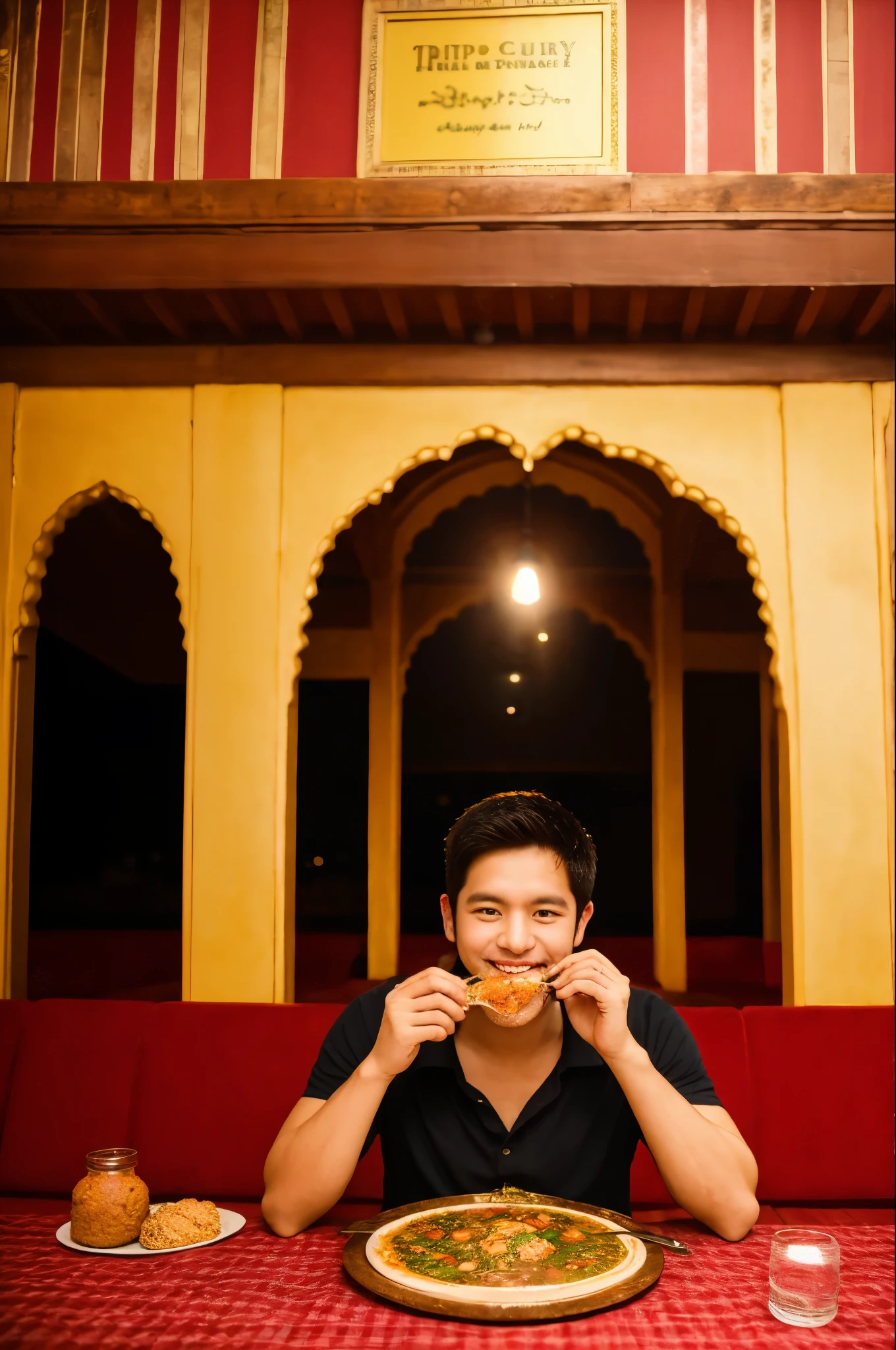 masterpiece, highest quality, 8K ultra-high resolution, Digital single-lens reflex camera, 1 man, 25 year old muscular man, bodice, smile 、trip、indian palace background、man eating curry