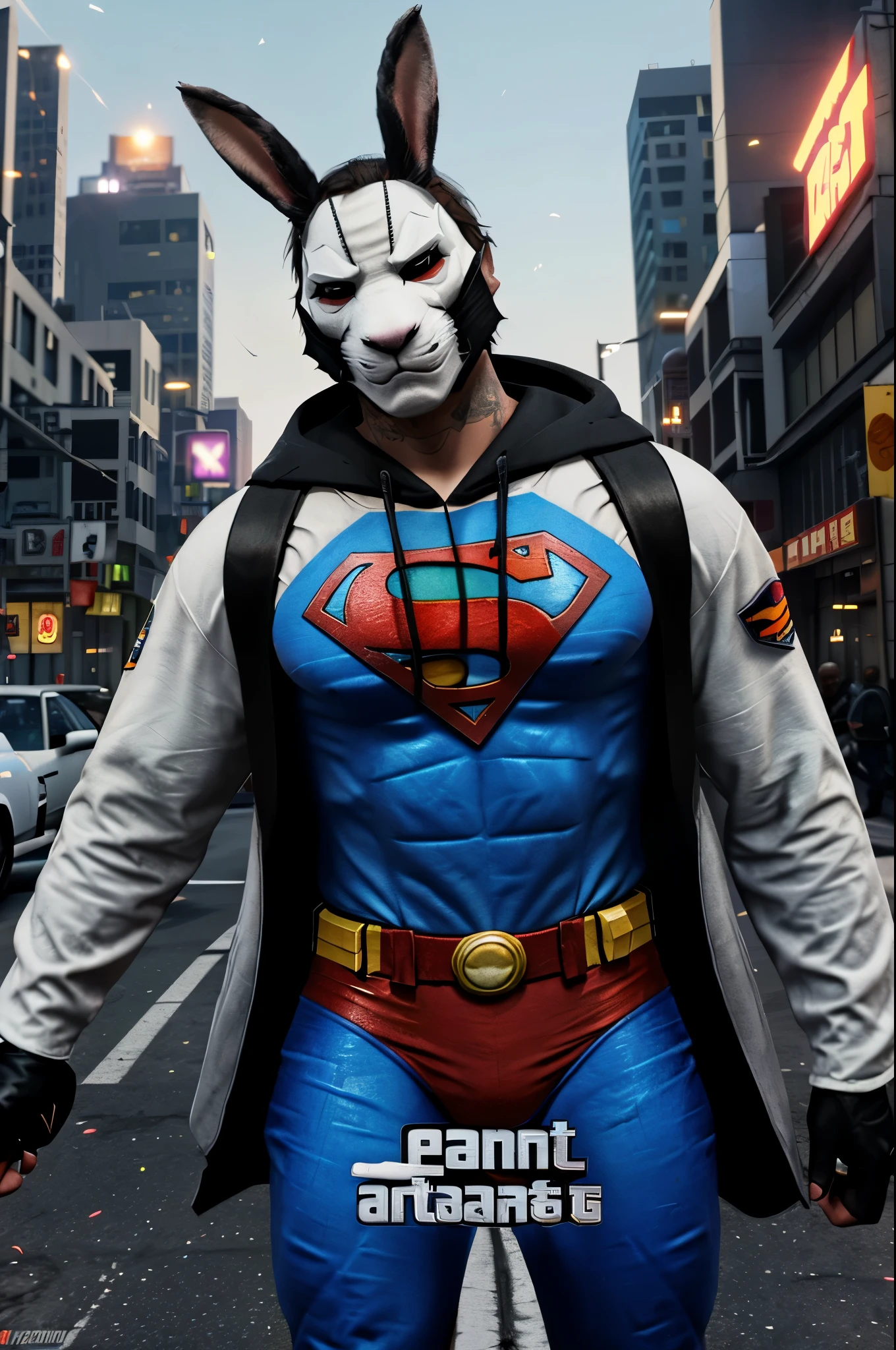 In the world of Grand Theft Auto, a apex thug with a bunny mask and superman costume wields 2 bazookas. He has 5 stars flashing above him in a burning video game city