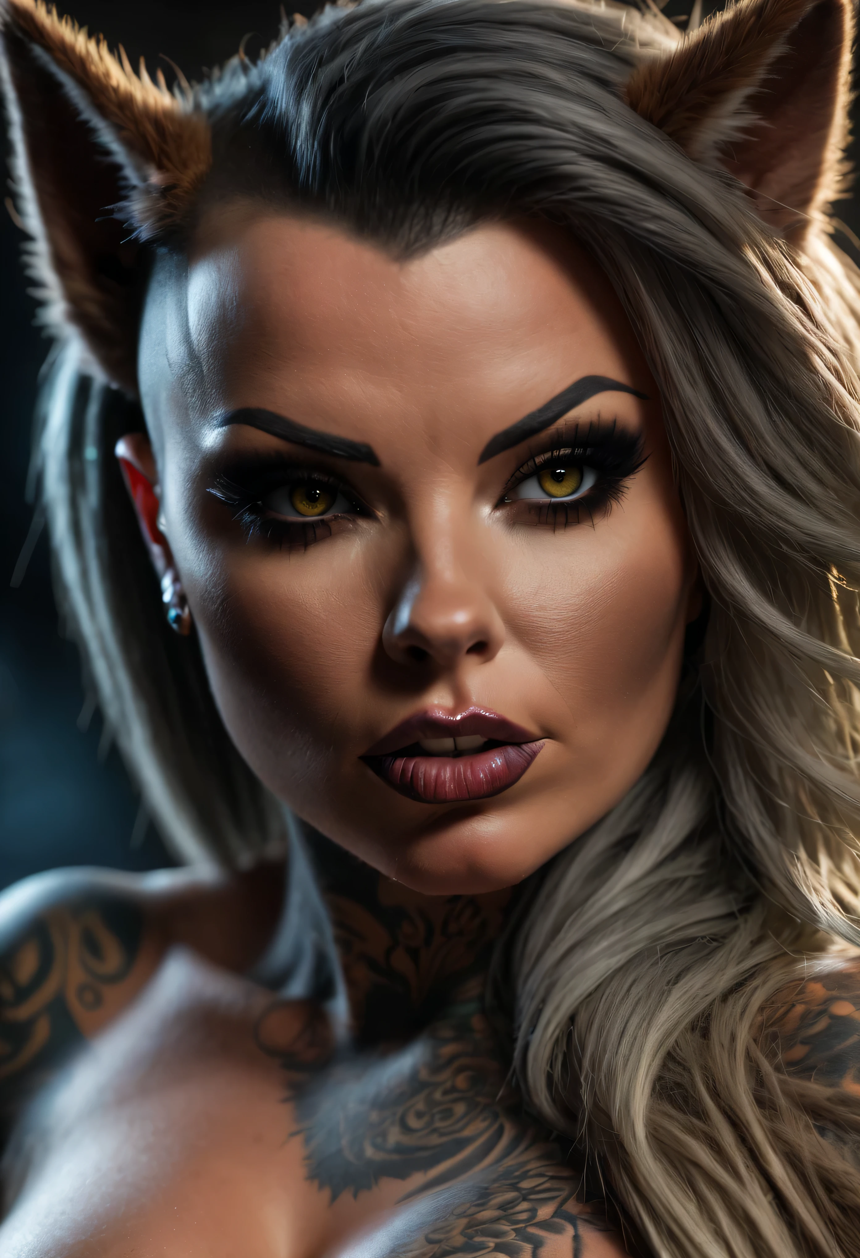 4k highly detailed realistic digital extremely high quality RAW photograph, (a portrait photo of Christy Mack as a fantasy werewolf), (beautiful and detailed eyes: 1.1), anthro furry werewolf, busty, bimbo, seductive, sexy, large breasts, epic, hyperrealistic, hyperrealism, 8k, cinematic lighting, (f1.8 short focus bokeh)