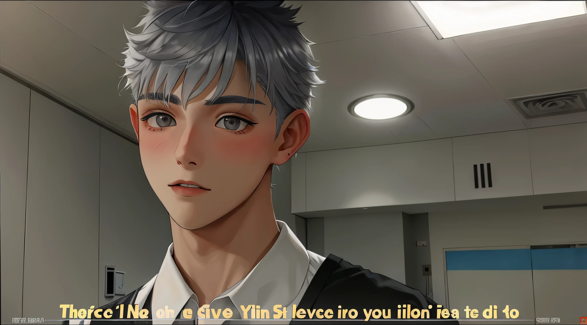 There is a cute 20 year old boy with silver hair and gray eyes., esta en el hospital preocupado preguntando por la salud de un amigo, esta hablando cn la boca abierta esta muy preocupado