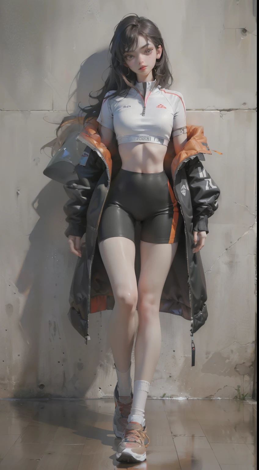 female，20 years old，(full body portrait：1.2）,（Slender body proportions), (best quality, 4k, 8k, high resolution, masterpiece:1.2), Super detailed, (actual, realistically, realistically:1.37), moody gestures, western metal, Breasts are of medium size, happy expression, Sports shoes for sports students