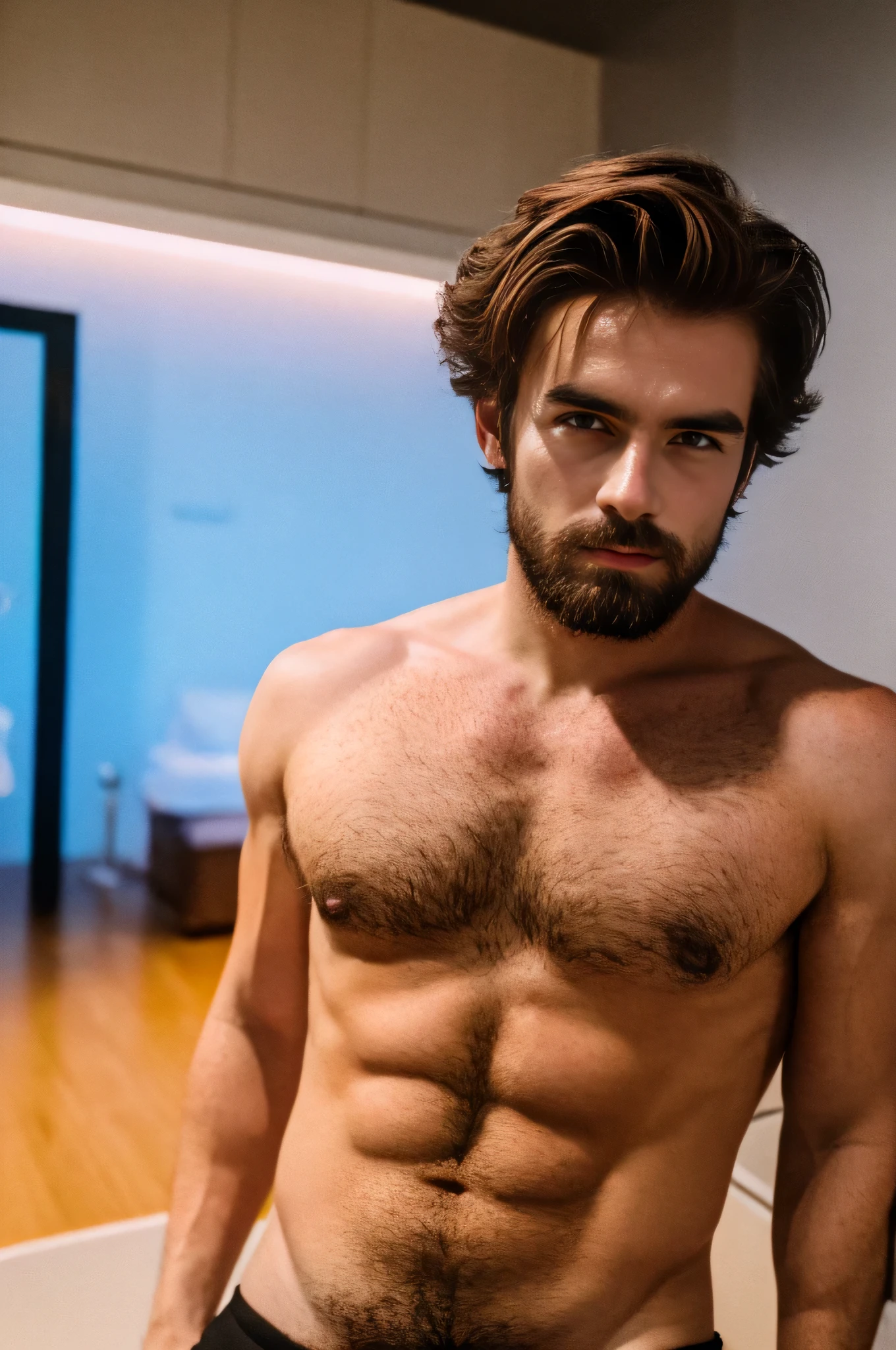 Arafed man with a beard and no shirt standing in a bathroom - SeaArt AI