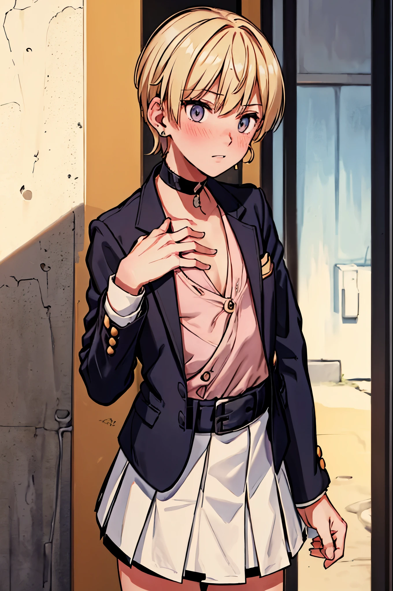 best quality,ultra-detailed,((background:outside street1,8)),(walking in the street),(cowboy shot),((one boy)),((fem boy)),((trap)),((bulge)),black-choker,((blonde short hair)),((man’s face)),((dress up as a woman)),((blush)),((flustred)),((poor chest)),((flat chest)),(school-uniform),(blazer-uniform),(loose-socks),(pumps),vibrant colors,soft lighting,
