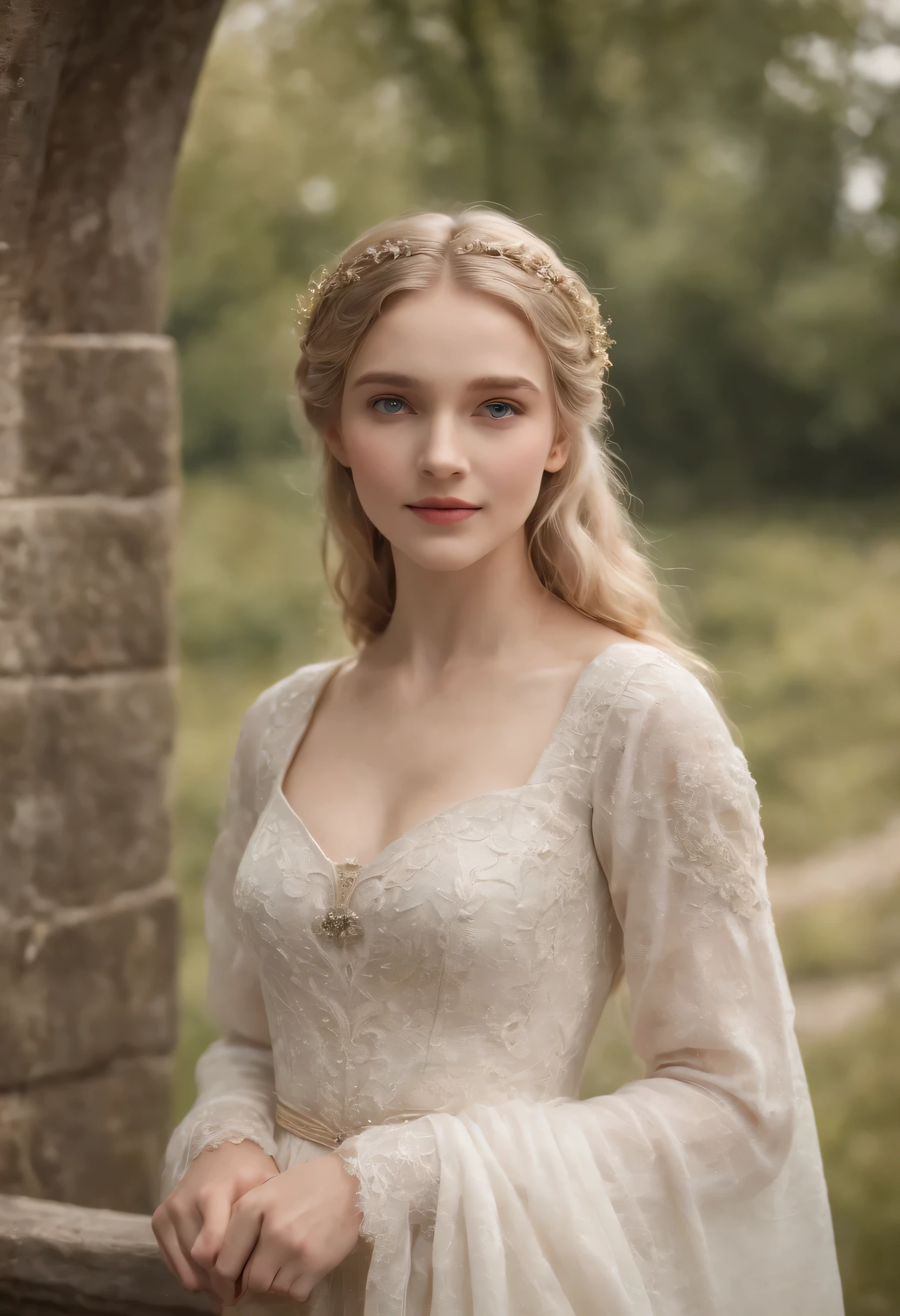 nobre medieval, 1 garota, 14 anos, vestindo um vestido branco, Muito detalhado, rosto inocente, cabelos ondulados naturais, olhos azuis, light blonde hair in high resolution, obra de arte, melhor qualidade, detalhes altos e intrincados, altamente detalhado, sharp focus, pele detalhada, realistic skin textura, textura, olhos detalhados, profissional, 4k, sorriso charmoso, filmado em Canon, 85mm, profundidade superficial de campo, Kodak Vision Colors, corpo em forma perfeita, extremamente detalhado, fotografiar_\(ultra\), fotorrealista, Realista, after treatment, maximum details, rugosidade, Vida real, ultra realista, fotorrealismo, fotografia, 8k hd, fotografia, Atmosfera medieval, arquitetura medieval
